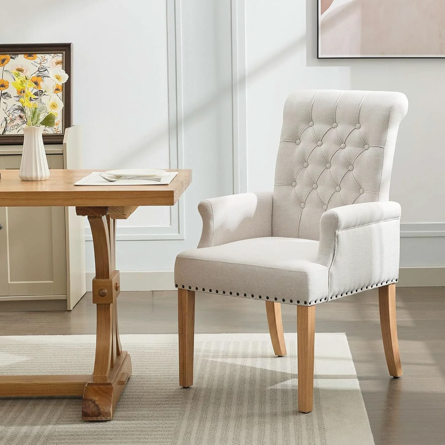Responsible Beige Upholstered Dining Chair With Armrests Tufted Powerful