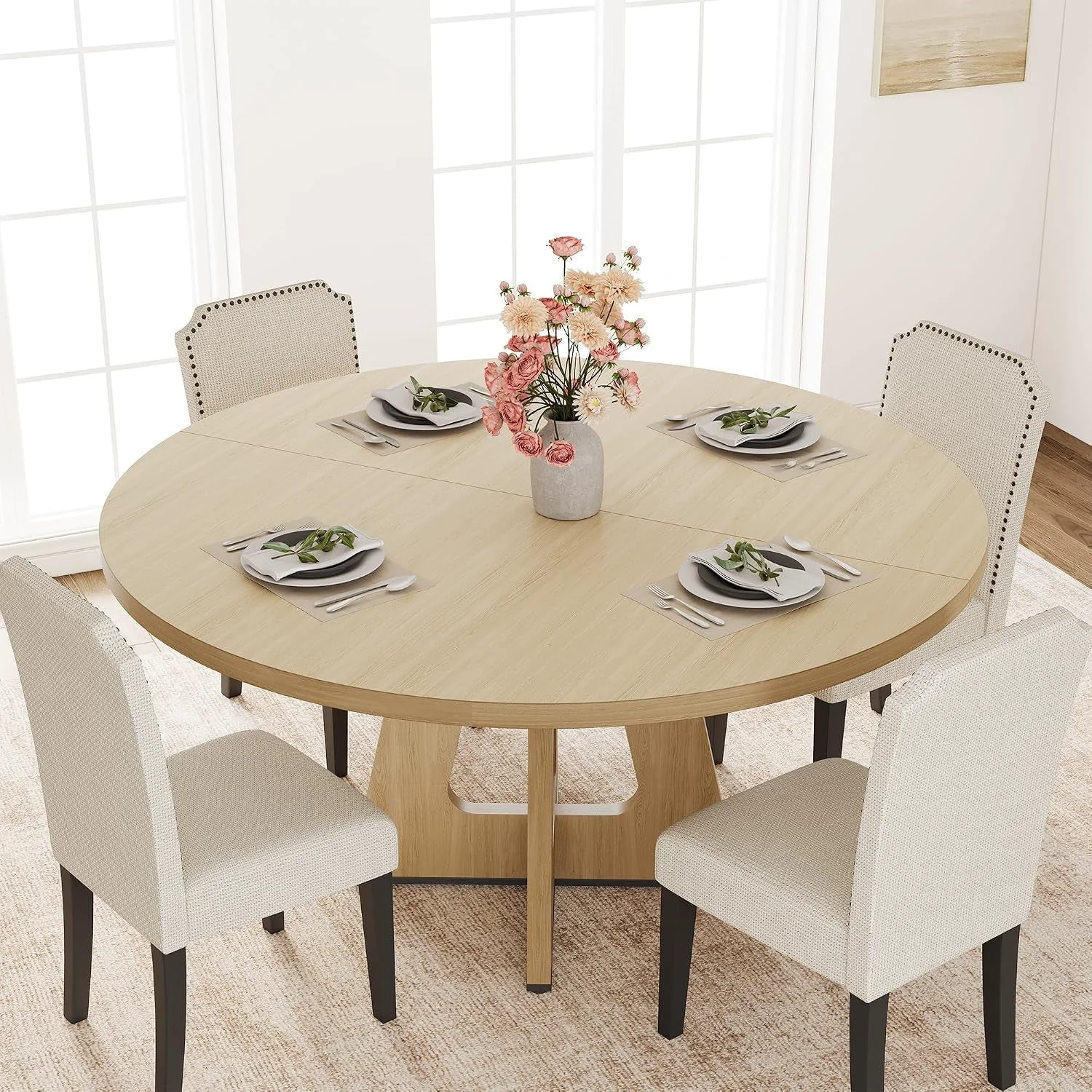 Fast Extendable Round Dining Table Natural Hardwood Pedestal Modern