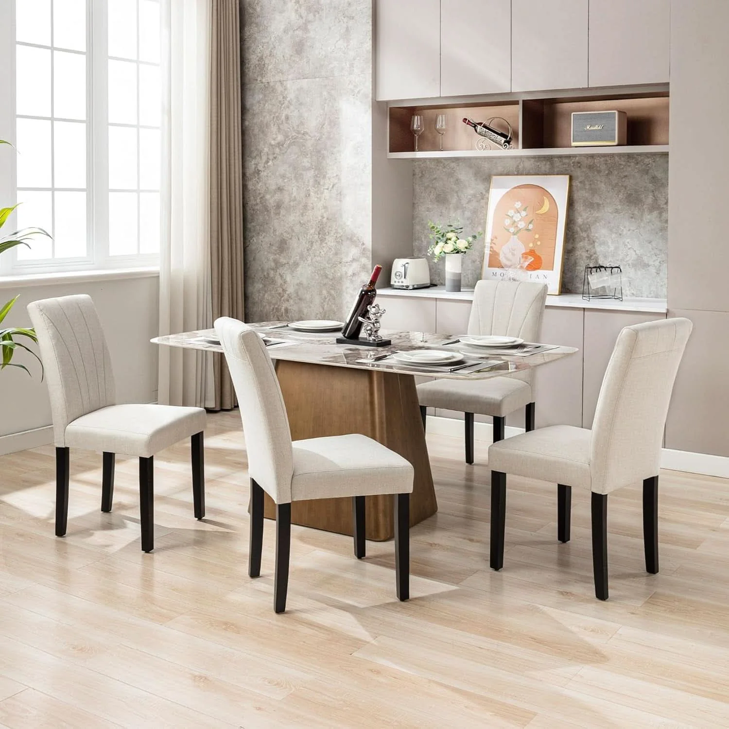 Prestigious Beige Luxuriously Upholstered Dining Chairs Set Six Durable