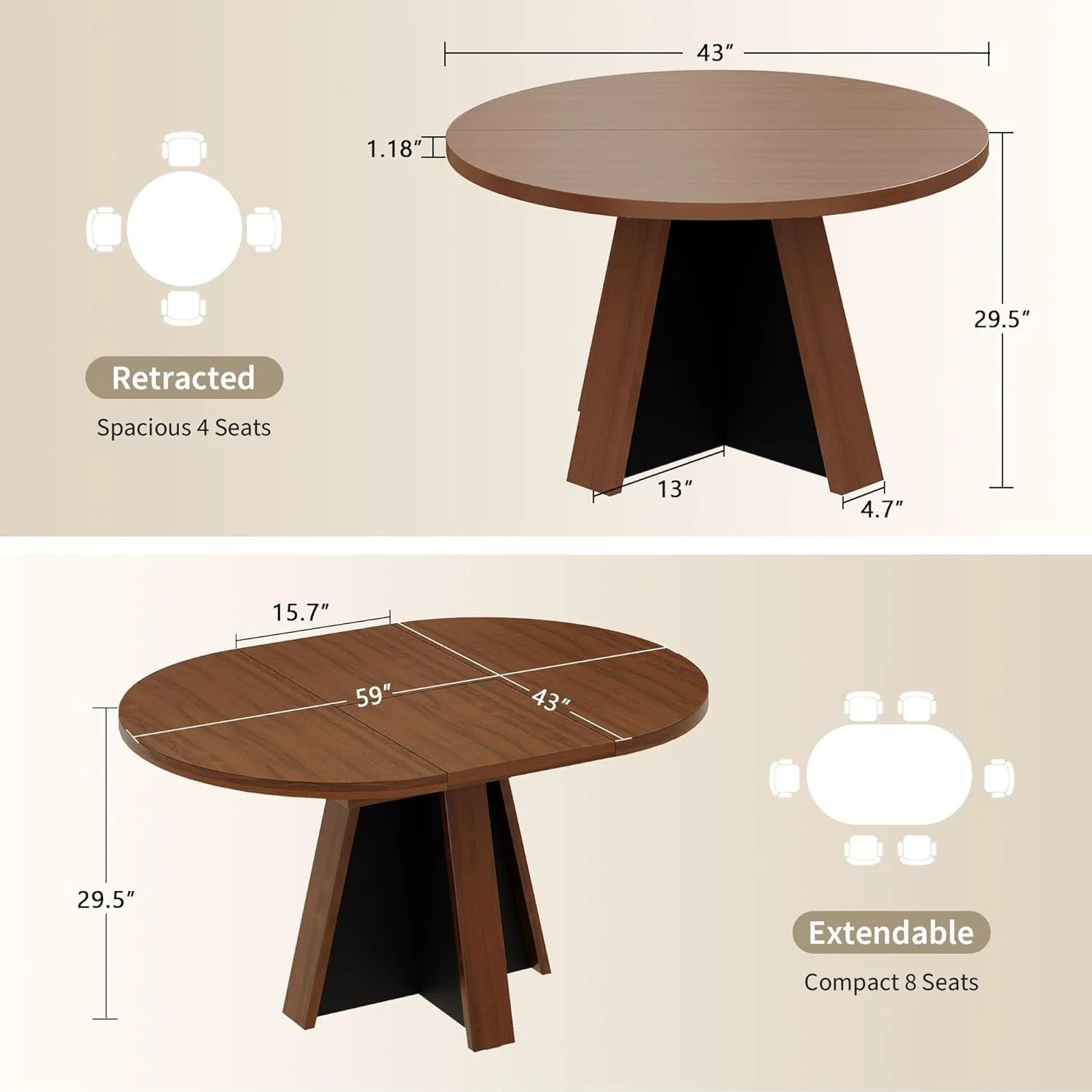 Premium Extendable Round Dining Table Walnut Brown Finish Smart