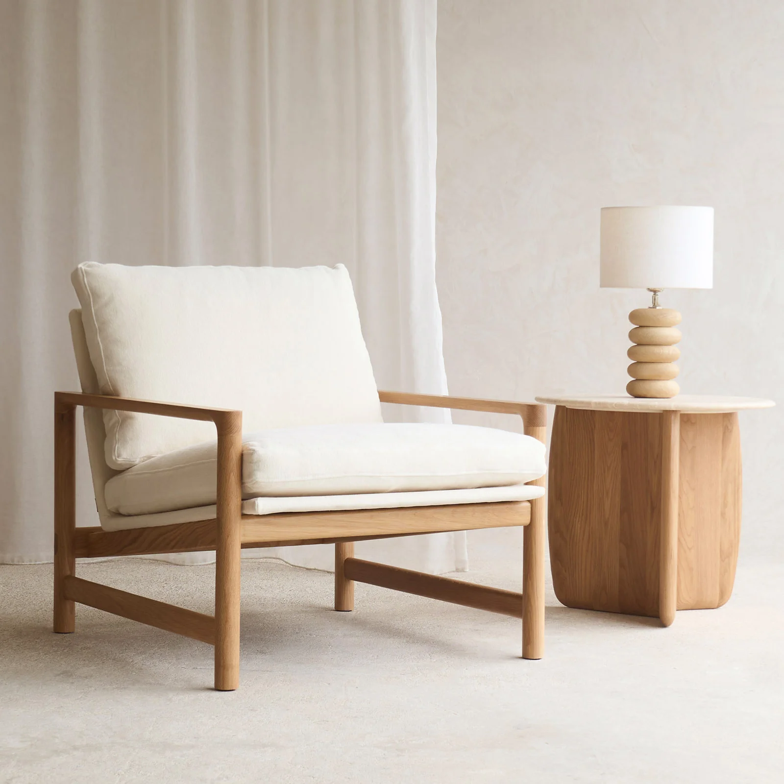 Contemporary Troubadour Fabric Armchair Oak Frame – Blanc Pure