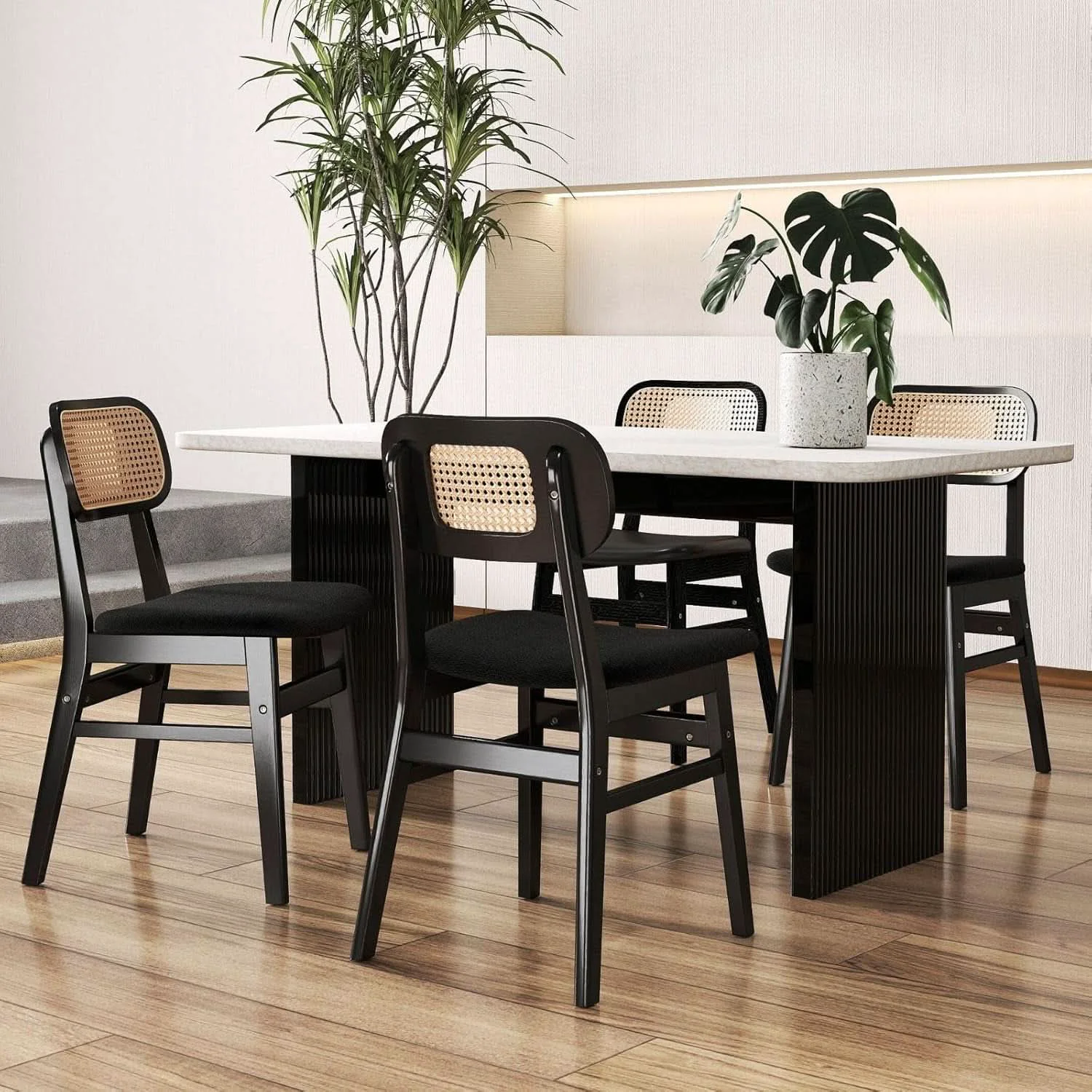 Expertly Made Black Rattan Dining Chairs Armless Farmhouse Style Elegant
