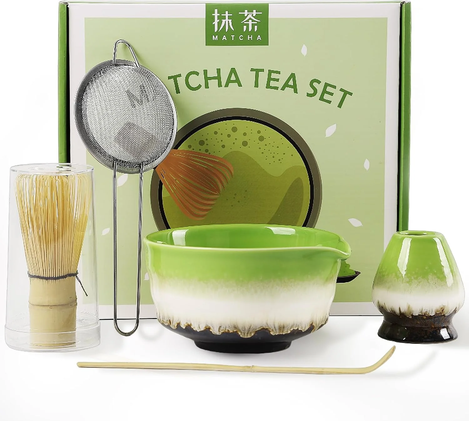 Breathable Matcha Whisk Set 5 PCS Ceramic Matcha Set Japanese Tea Set Includes Matcha Bowl with Spout Whisk Sifter Holder and Bamboo Spoon Matcha Kit Gift For Ceremony Green Healthy