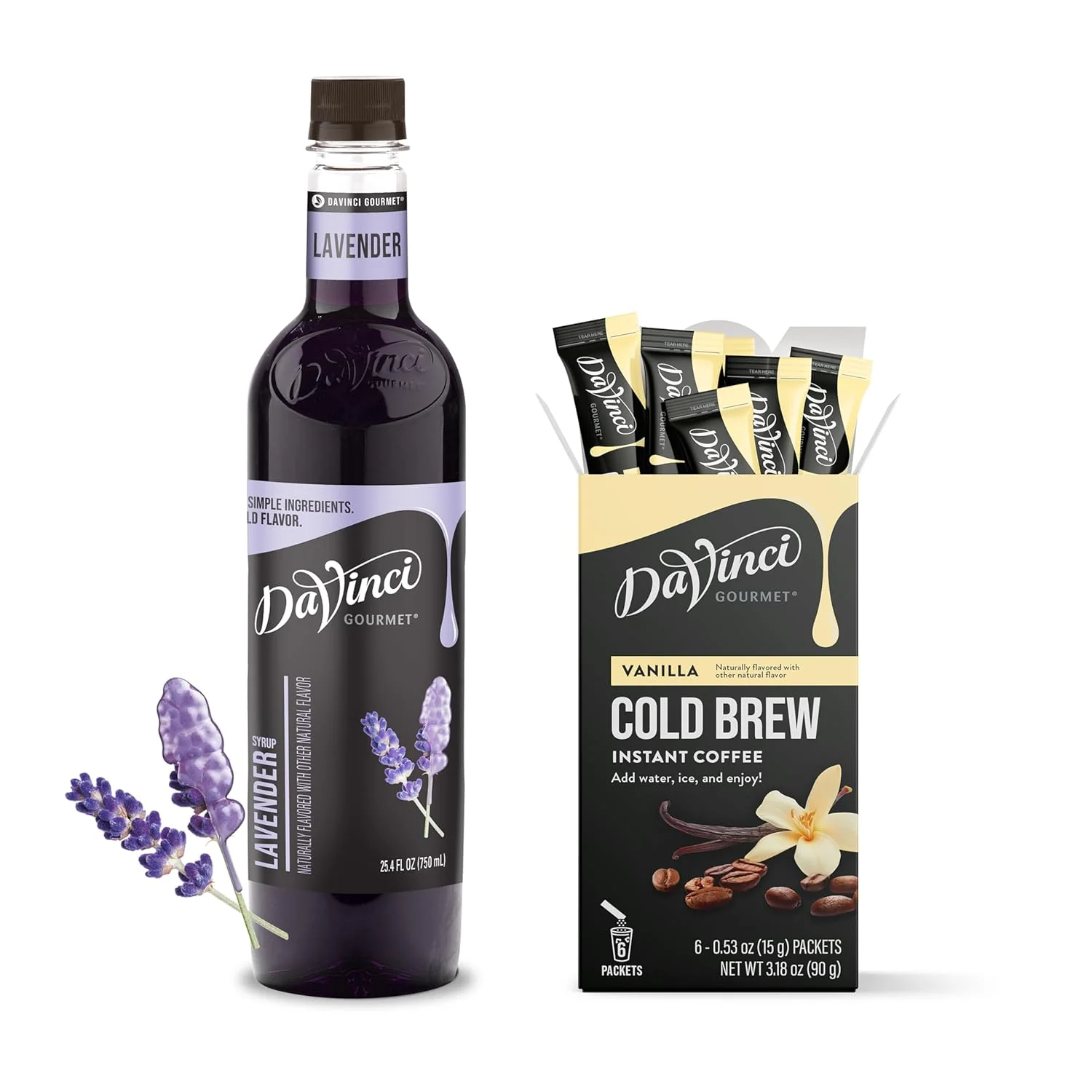 Advanced Bundle of DaVinci Gourmet Vanilla Cold Brew Stick Pack Instant Coffee Powder 6 Count Pack of 1 DaVinci Gourmet Lavender Syrup 25.4 Fluid Ounces Pack of 1 Efficient