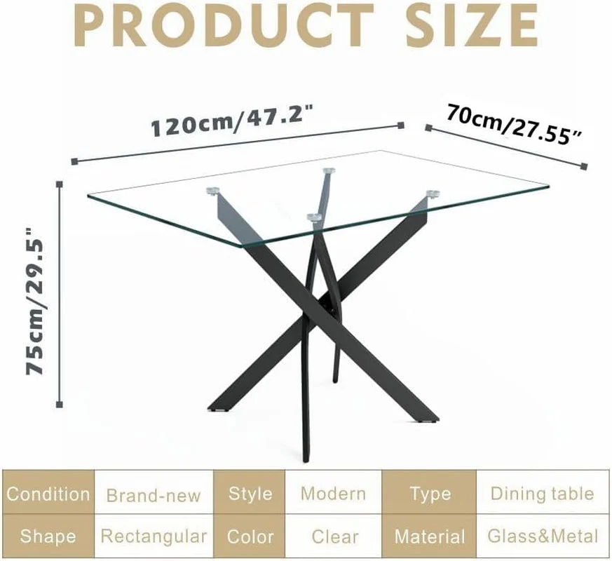 Eco-Friendly Modern Rectangular Tempered Glass Dining Table Black Stylish