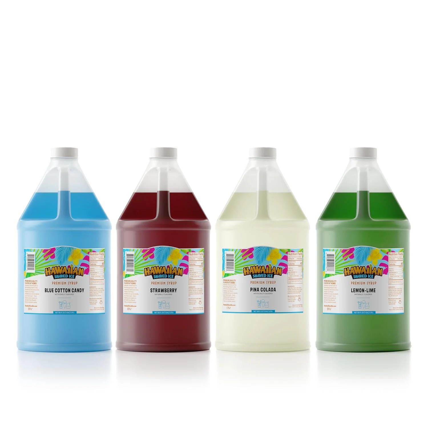 Quality Hawaiian Shaved Ice Syrup Gallon 4-pack Blue Cotton Candy Strawberry Pina Colada Lemon-Lime for Slushies Italian Soda Seltzers Popsicles Practical