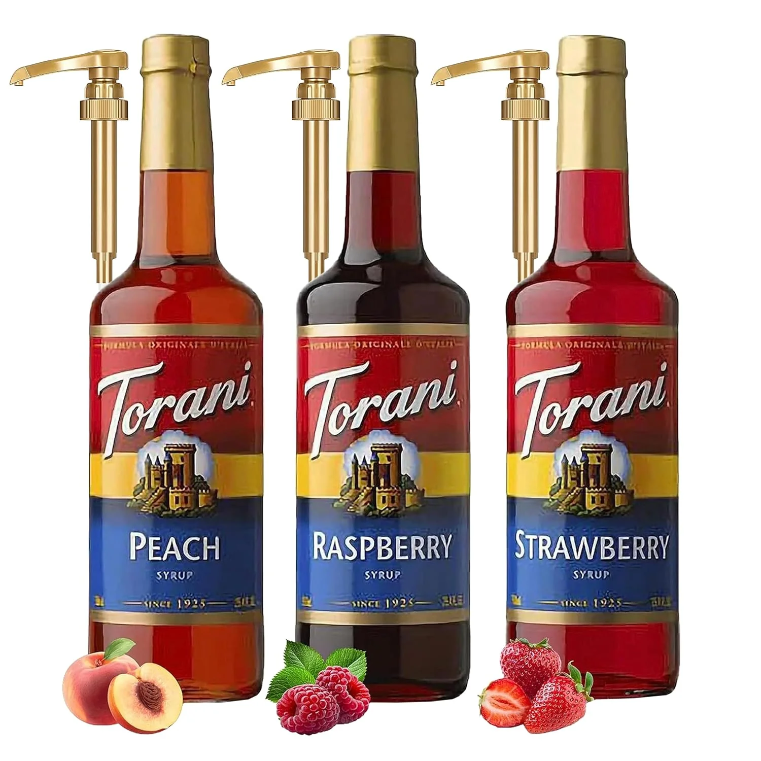 Dependable Raspberry Strawberry Peach Syrup – Fruit Flavors For Italian Soda Flavoring – 3 Pack with 3 Jimoco Pump Dispensers Flexible
