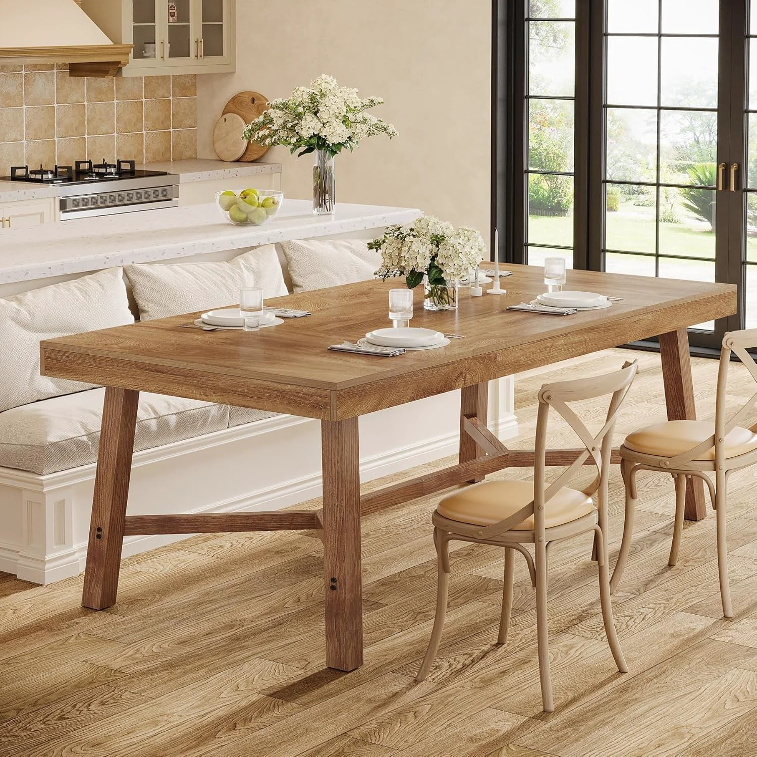 Detailed 70.9 Inch Farmhouse Dining Table Natural Reinforced Superior