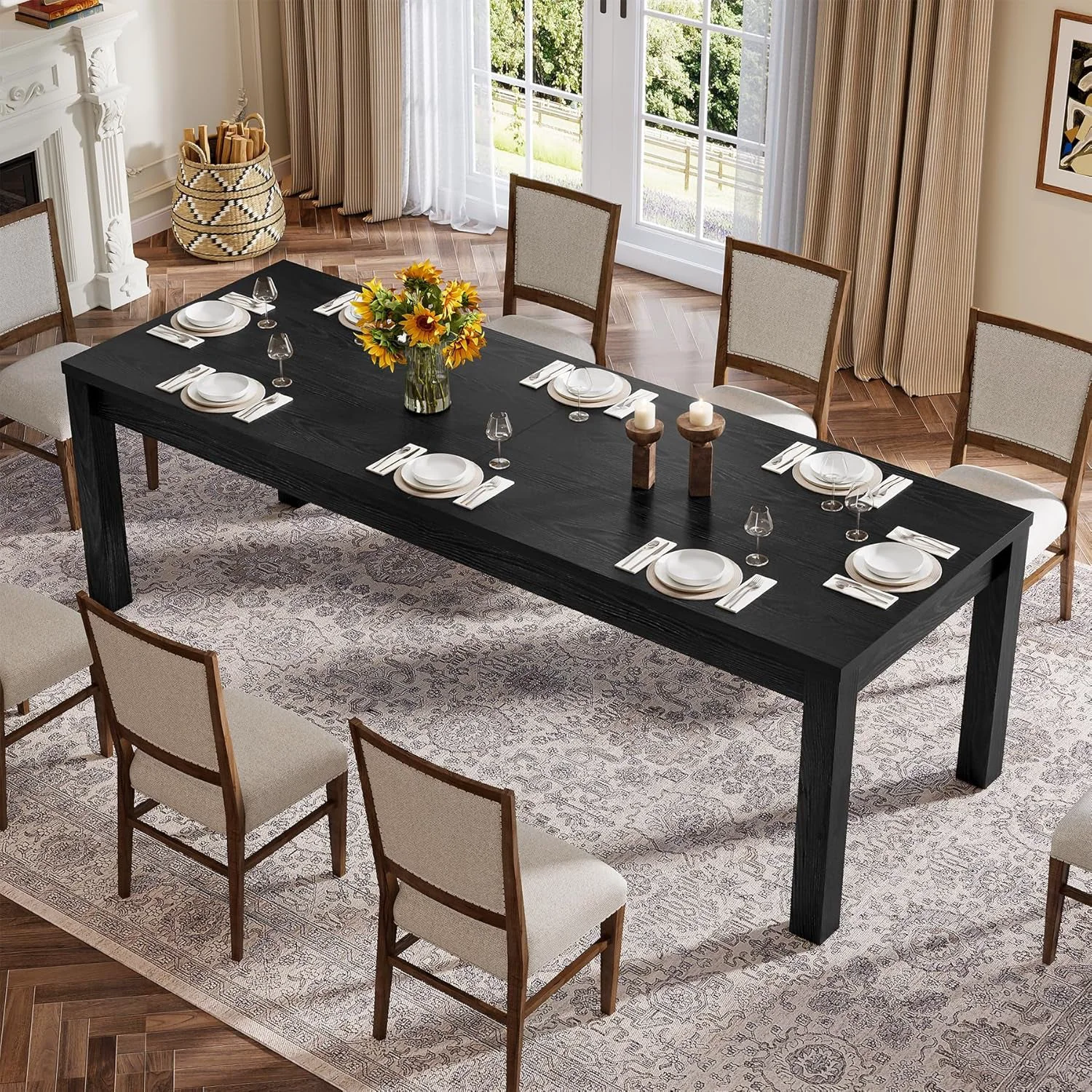 High-Performance Solid Wood Black Farmhouse Rectangular Dining Table Functional