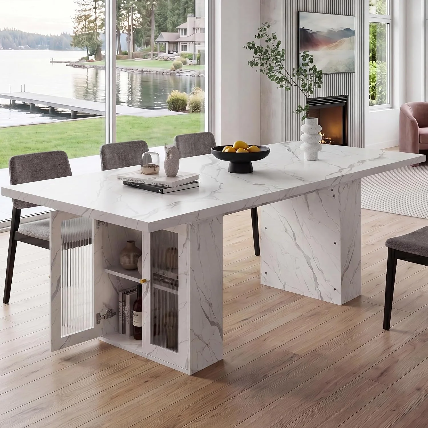 Original Design Extendable Dining Table White Marble Storage Compartment Breathable