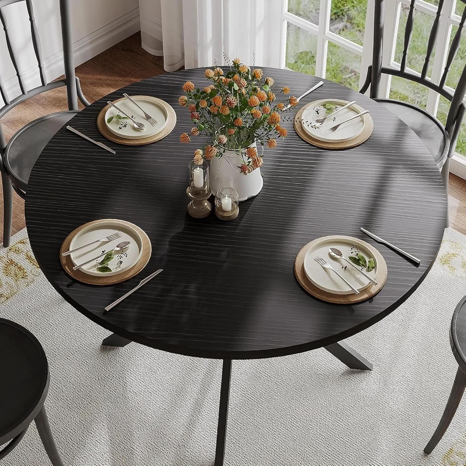 Trendy 47.2 Inch Circular Dining Table Matte Black Finish Breathable