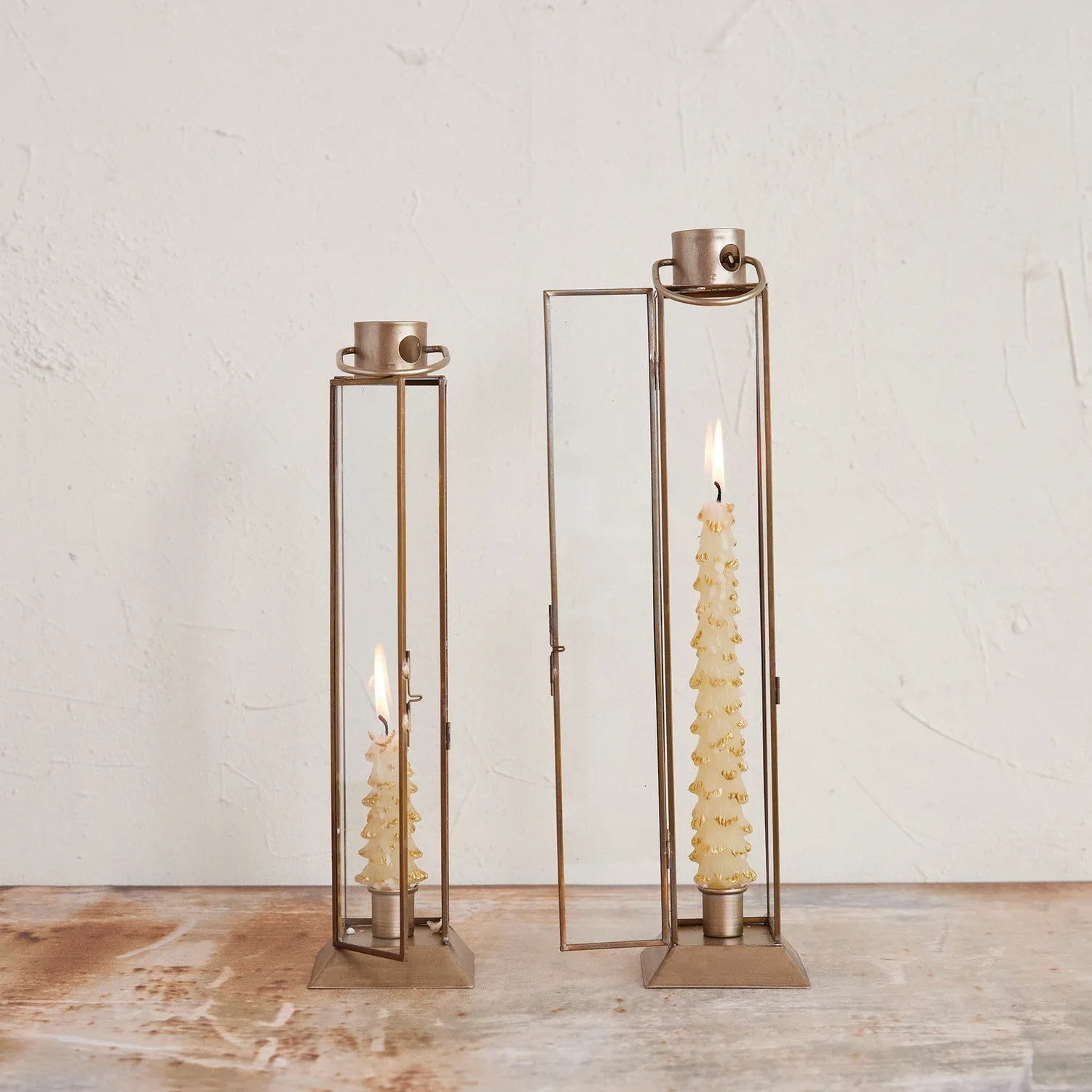 Artisan Metal Glass Lantern Taper Holder Antique Gold Finish Fashionable