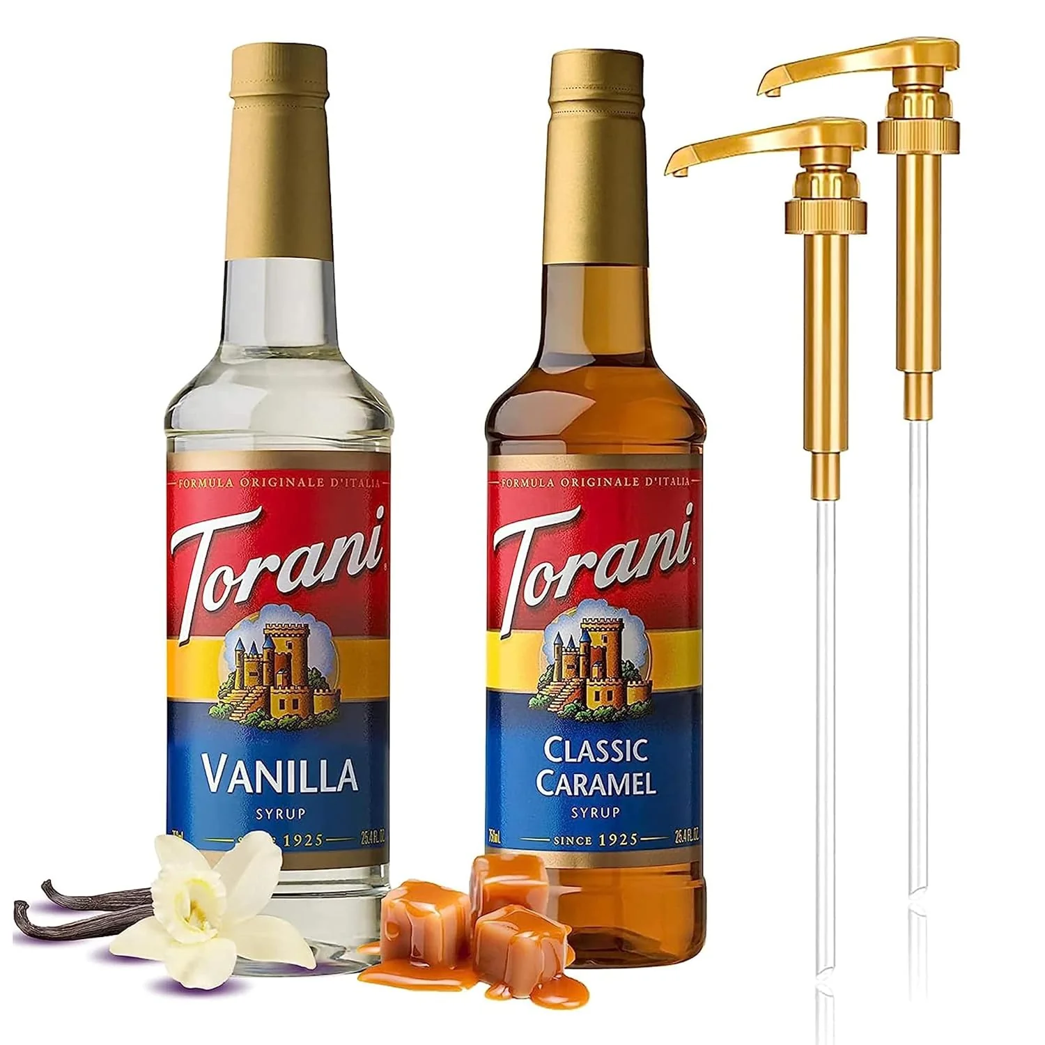 Eco-Friendly 2 Syrup Pump Dispenser Bundle with Torani Coffee Syrup Vanilla Caramel Flavors 25.4 oz Bottles Lightweight
