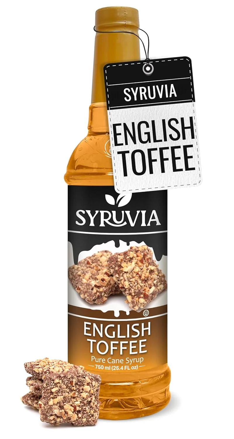 Easy-to-Use Syruvia English Toffee Coffee Syrup – 25.4 fl oz. Kosher and Gluten-. for enhancing drinks sodas shakes desserts and more. Green
