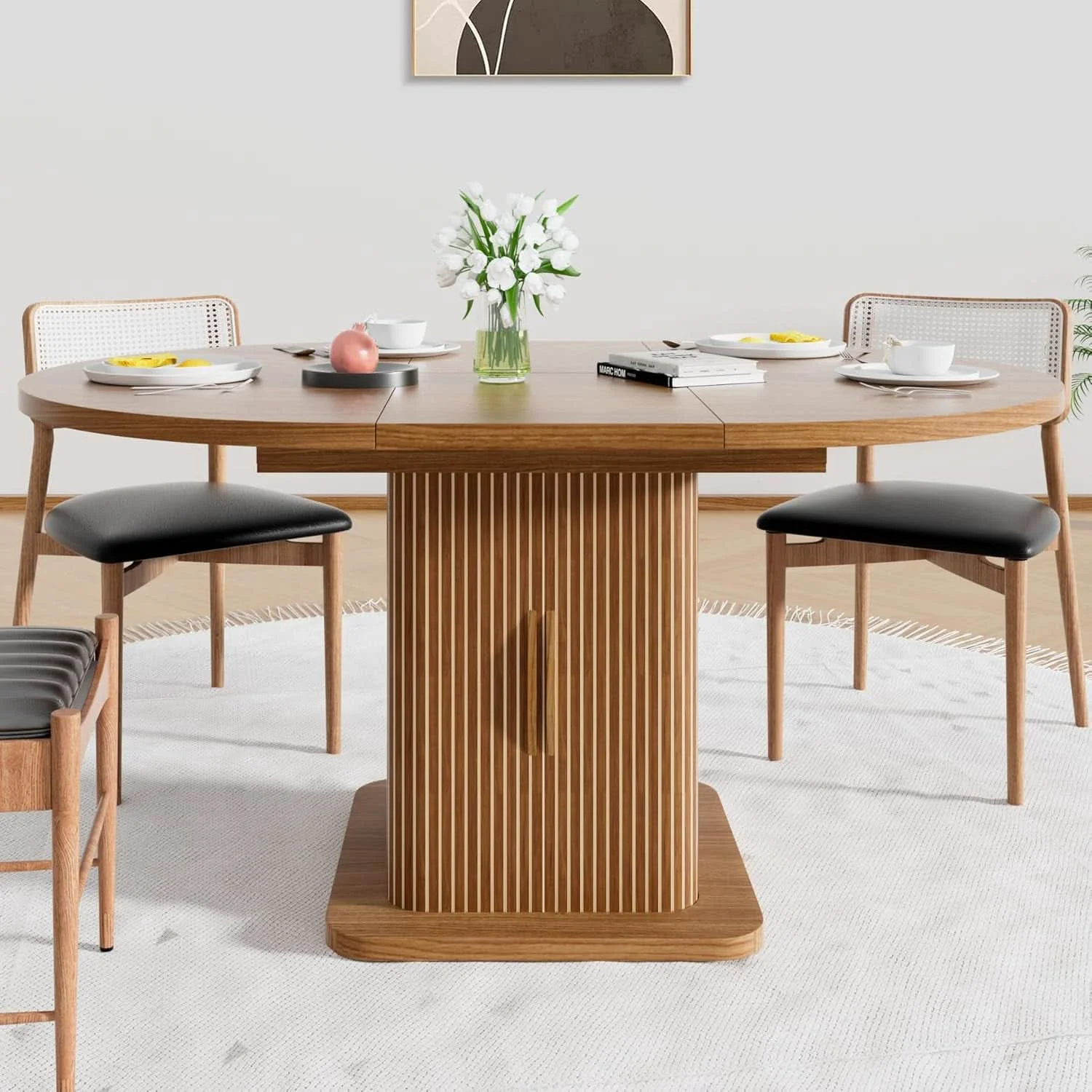 Organic Extendable Round Dining Table 59 Inch Walnut Modern Expertly Made