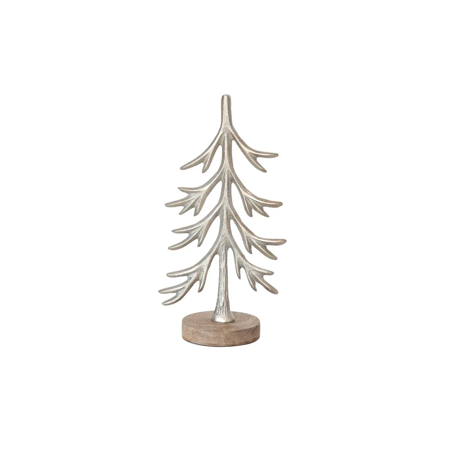 High-Grade Cast Aluminum Tree with Mango Wood Base Silver Versatile