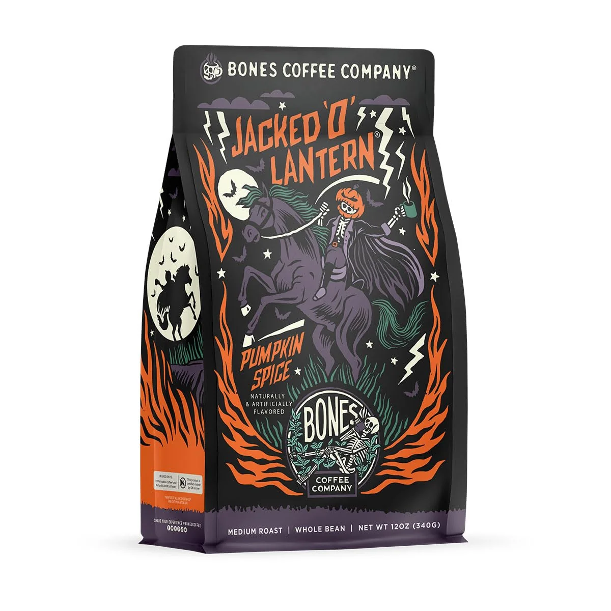 Fine Bones Coffee Company Jacked ‘O’ Lantern Pumpkin Spice Flavored Coffee Medium Roast Low Acid Arabica Beans Compatible with Auto drip and French Press Coffee Maker 12 Oz Ground High-End