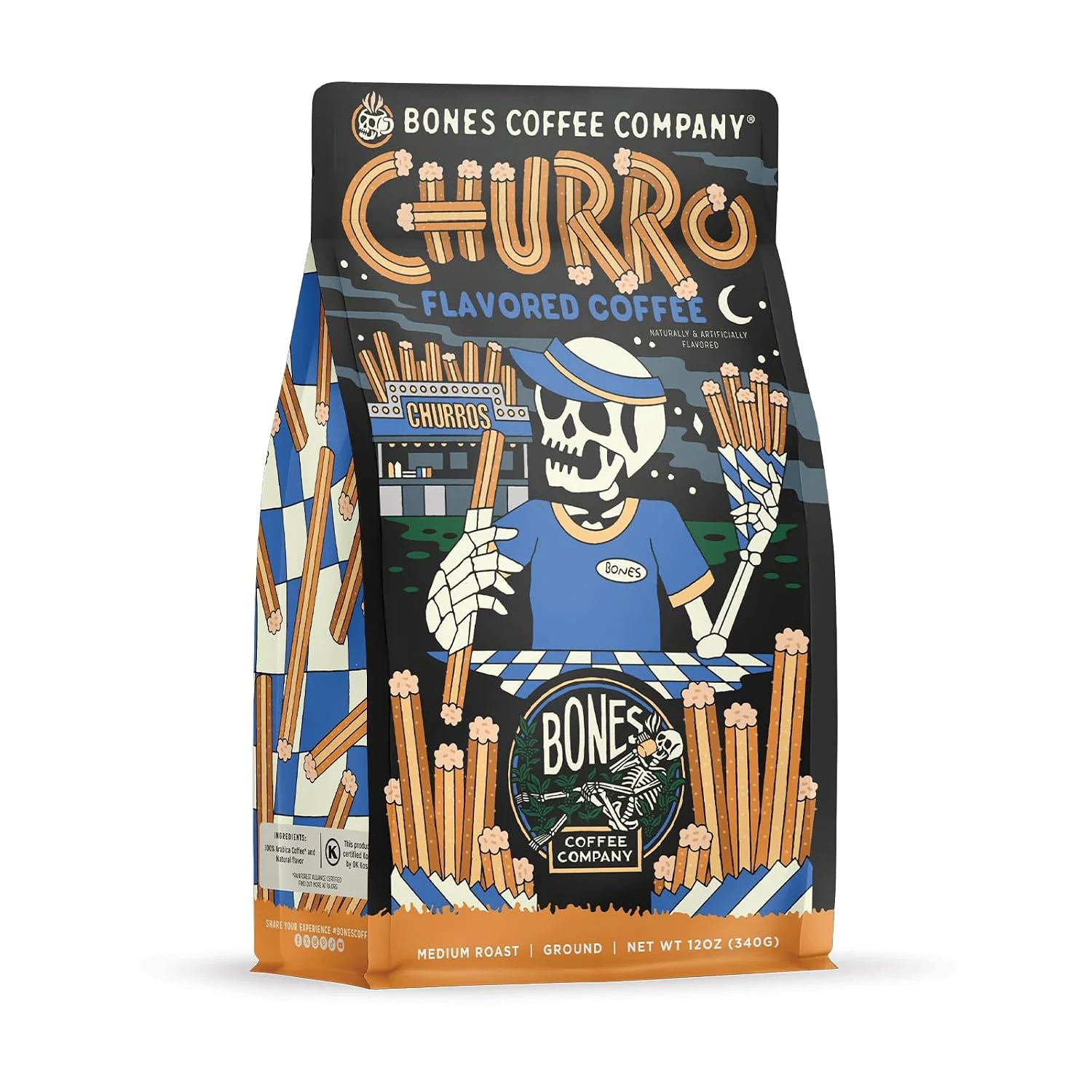 Optimized Bones Coffee Company Churro Sweet Sugary Cinnamon Flavored Coffee Medium Roast Low Acid Arabica Beans Compatible with Auto drip and French Press Coffee Maker 12 Oz Ground Pure