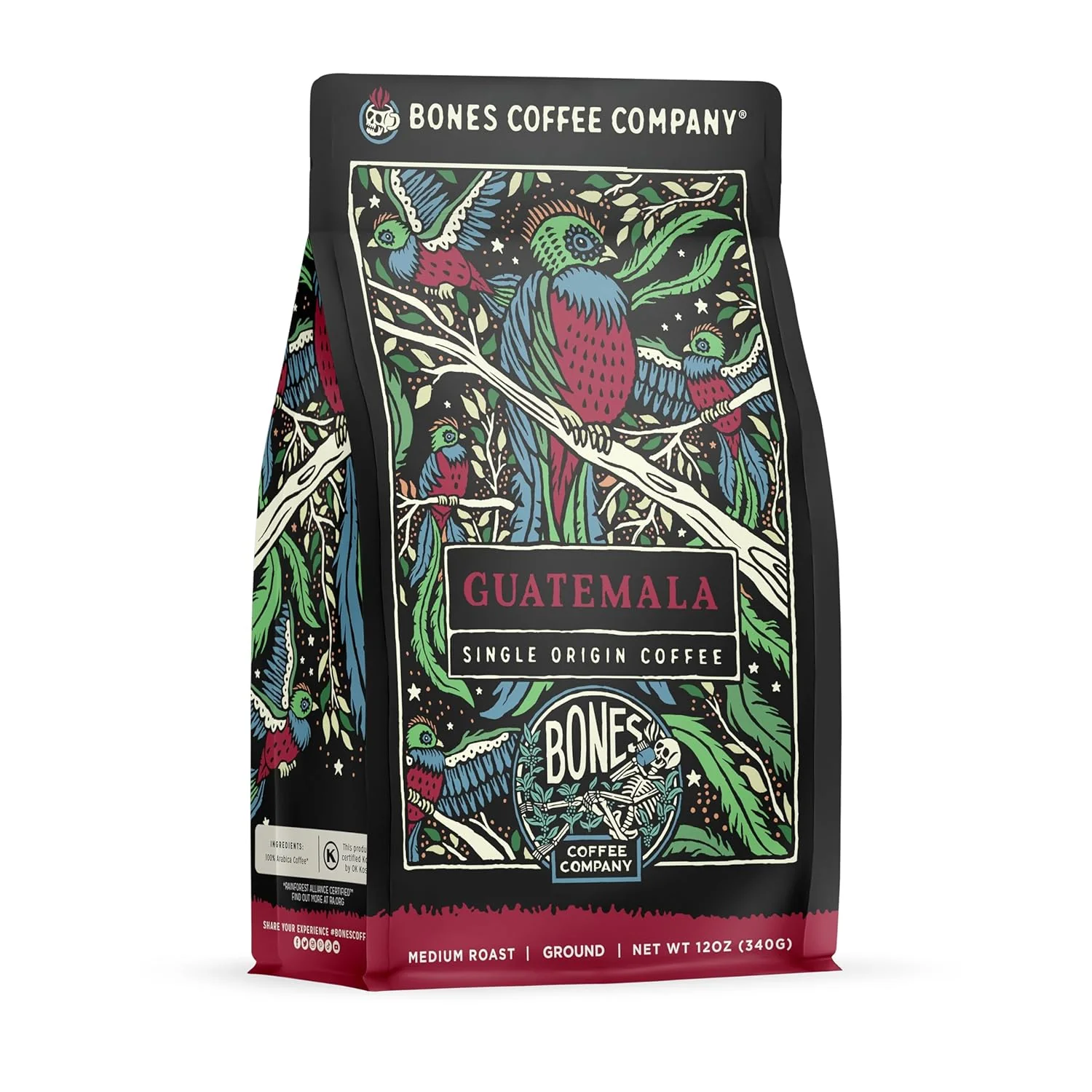 Long-Lasting Bones Coffee Company Guatemala Single-Origin Milk Chocolate Citrus and Caramel Notes Ground Coffee Beans Low Acid Medium Roast Arabica Beans Flavored Coffee 12 oz Ground Innovative