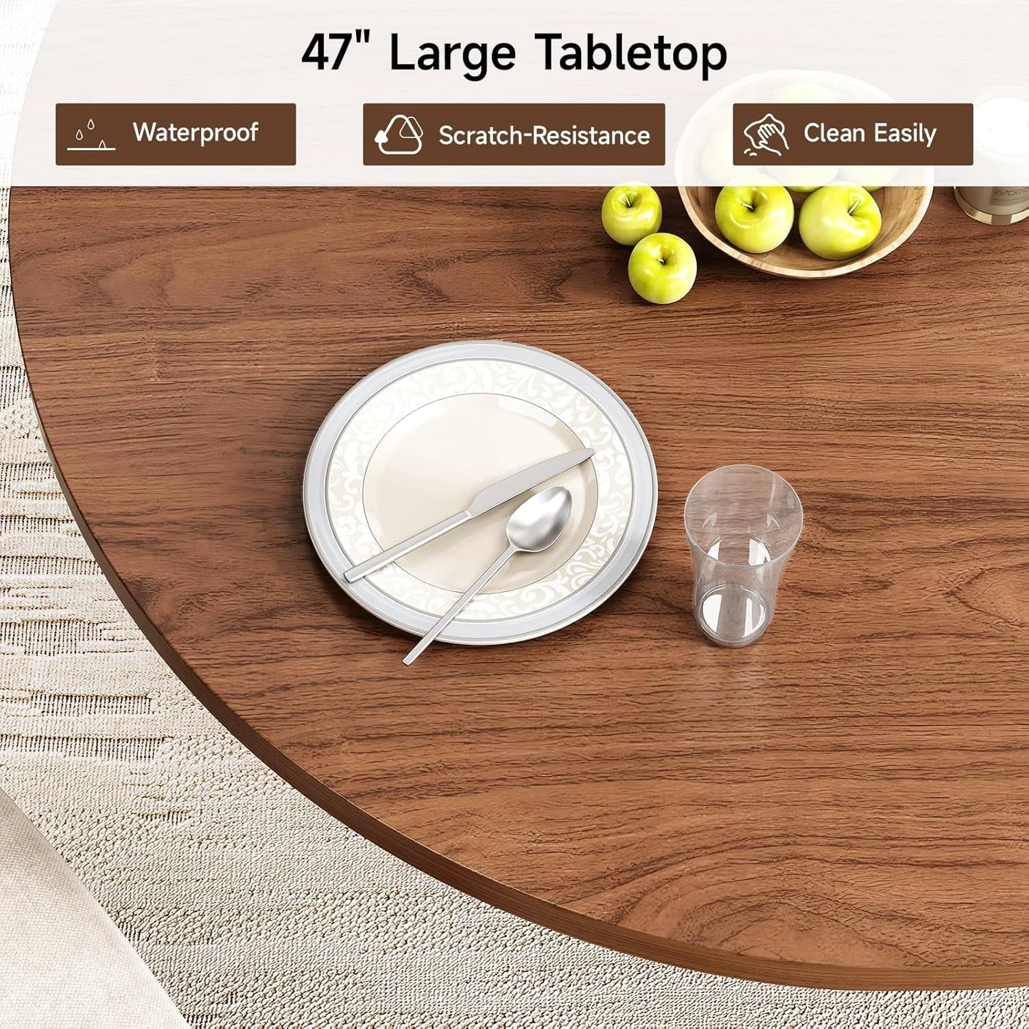 Premium Circular Walnut Dining Table 47 Inch Storage Drawer Detailed