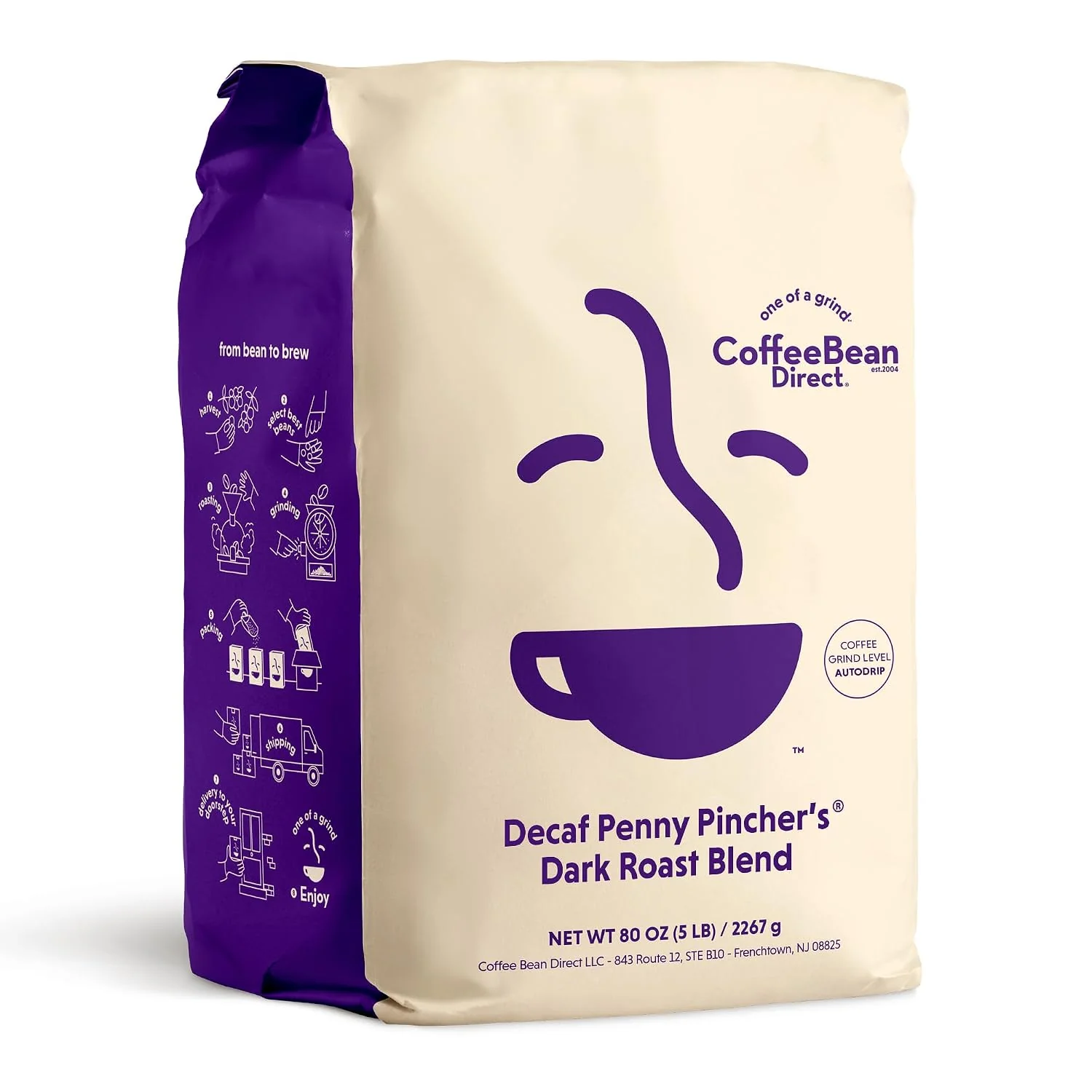 Detailed Coffee Bean Direct Decaf Penny Pincher’s® Dark Roast Ground 5lb Bag Everyday Value Ground for Drip or Pour Over Decaffeinated World-Class