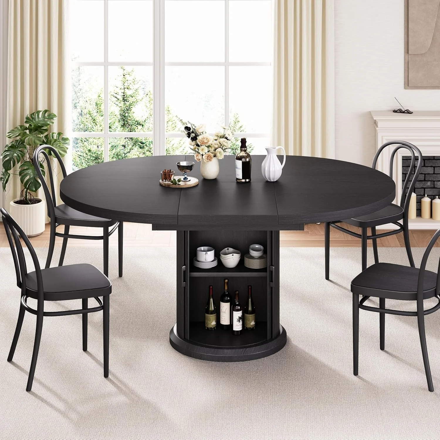 Comfortable Extendable Circular Dining Table 47 Inch Black Walnut Soft