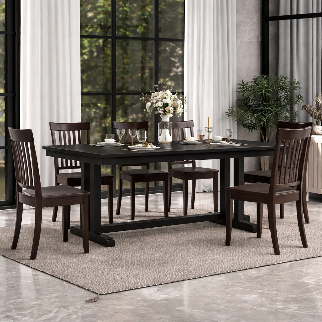 Practical Seventy Inch Black Farmhouse Dining Table Set Collection Enhanced