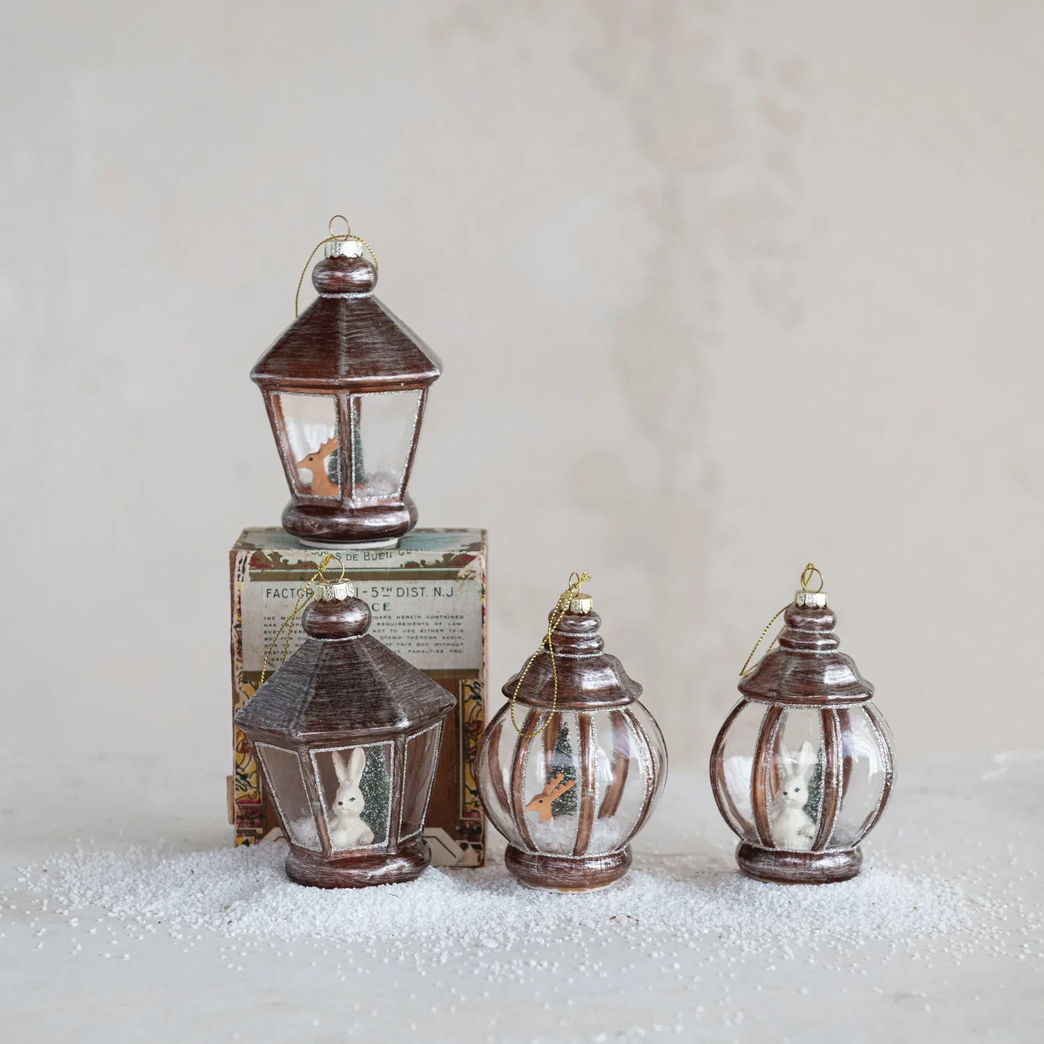 Minimalist Lantern Ornament with Bunny Deer Snow Glitter Relaxed