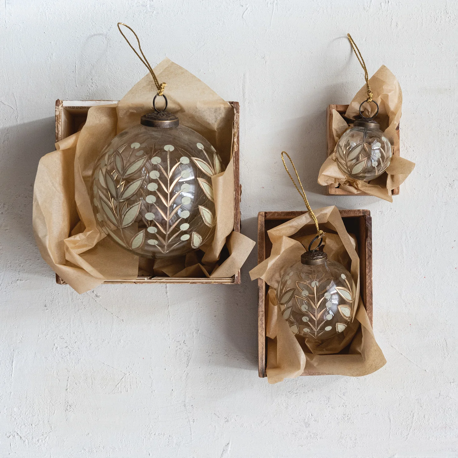 Reusable Hand Painted Etched Glass Ball Ornament with Botanical Design Exclusive