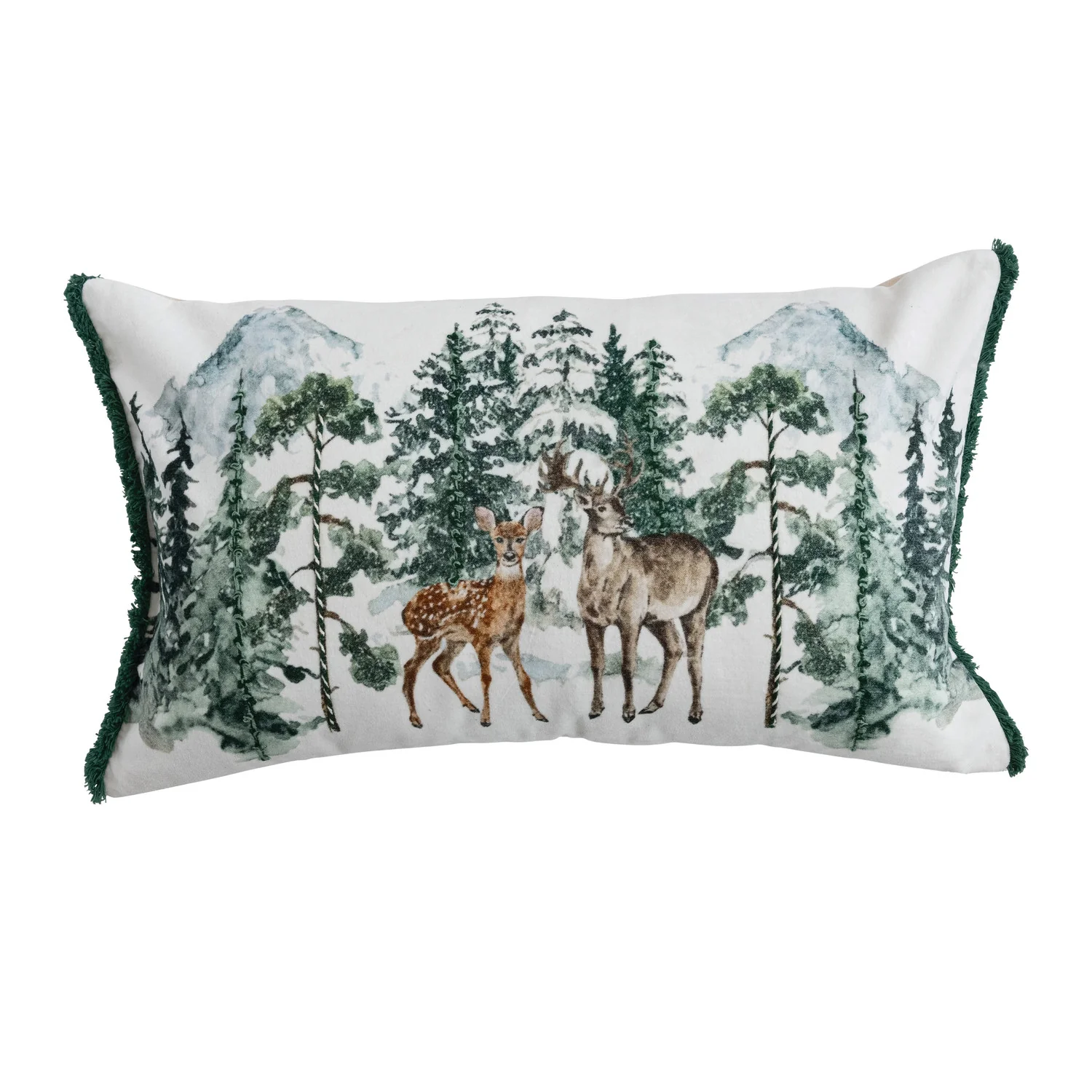 Original Woodland Deer Scene Lumbar Pillow with Embroidery Fringe Innovative