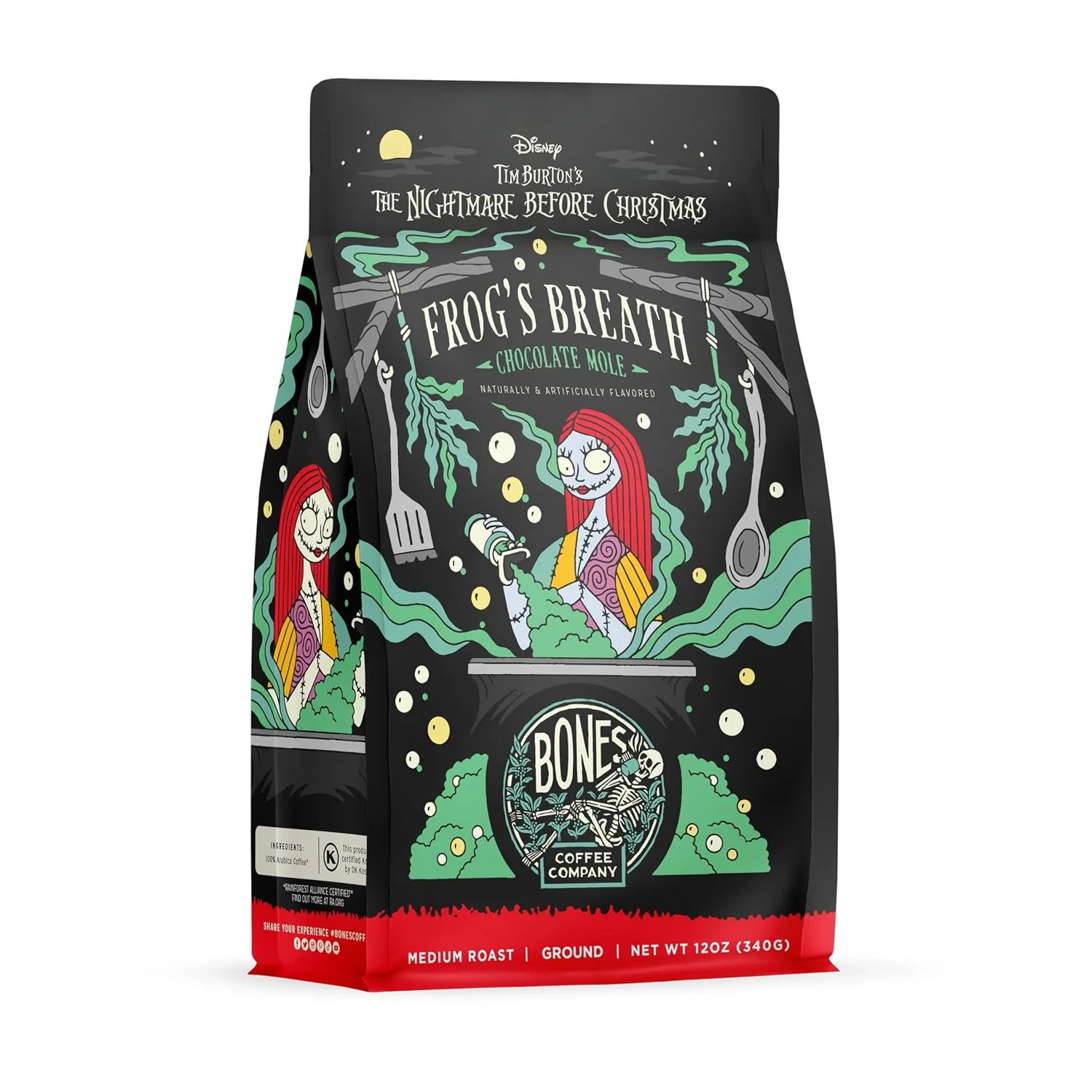 Traditional Bones Coffee Company The Nightmare Before Christmas Frog’s Breath Flavored Coffee Beans Medium Roast Ground Coffee Low Acid Chocolate Mole Flavor 12 oz Secure