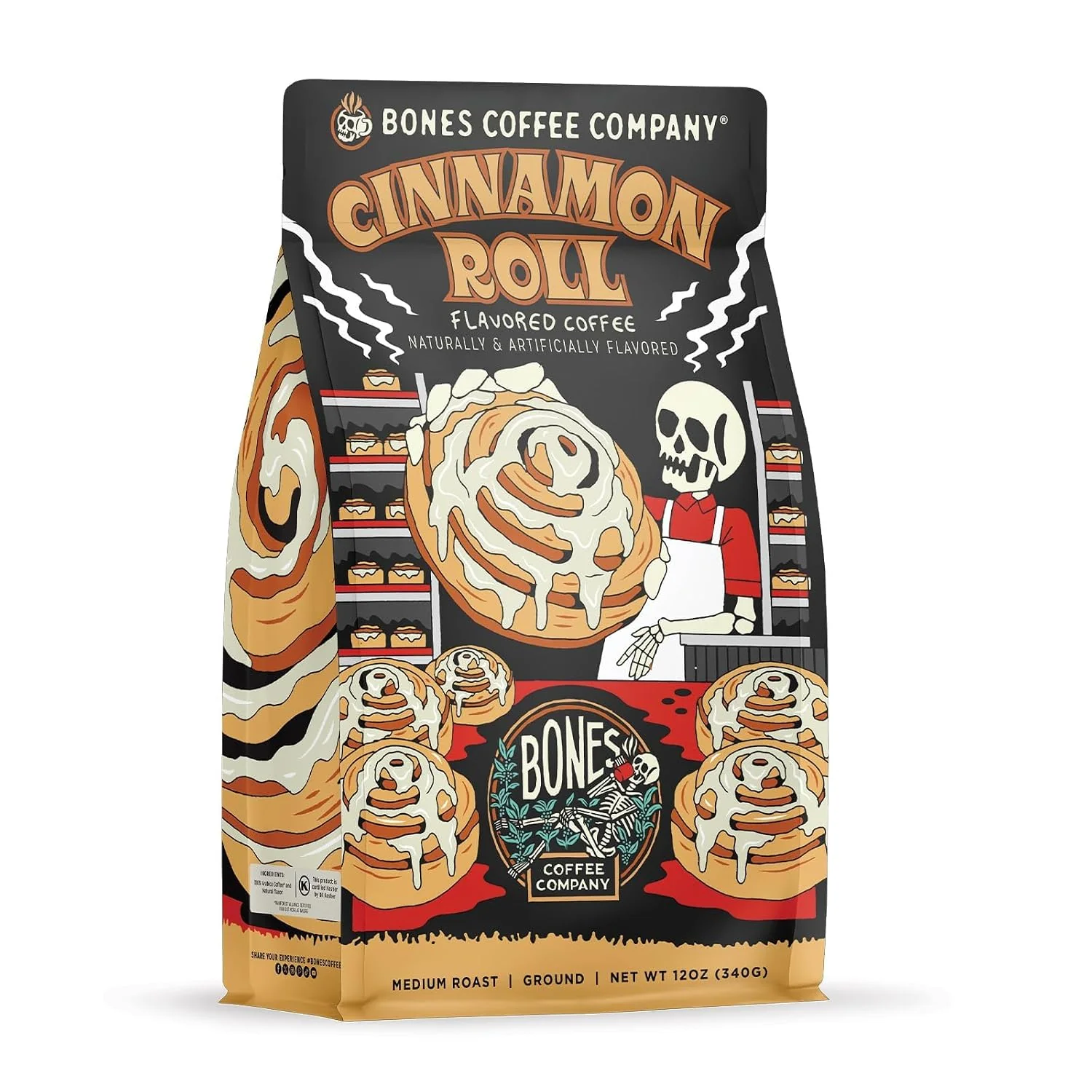 Easy-to-Use Bones Coffee Company Cinnamon Roll Flavored Coffee Medium Roast Low Acid Arabica Beans Compatible with Auto drip and French Press Coffee Maker 12 Oz Ground Premium Material