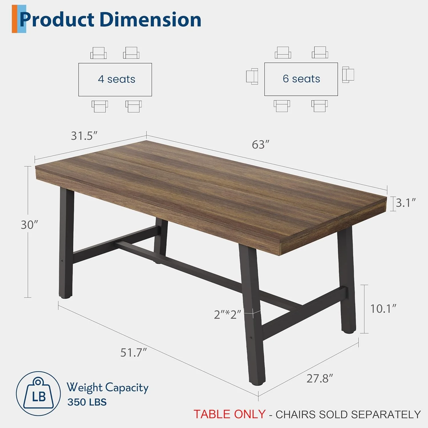 Contemporary Industrial Dining Table 63 Inches Long Espresso Brown Environmentally Friendly