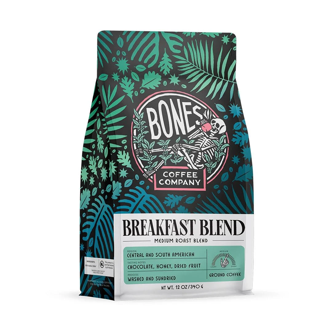 Trendy Bones Coffee Company Breakfast Blend Chocolate Honey and Dried Fruit Notes Unflavored Coffee Medium Roast Low Acid Arabica Beans Compatible with Auto drip and French Press Coffee Maker 12 Oz Ground Innovative