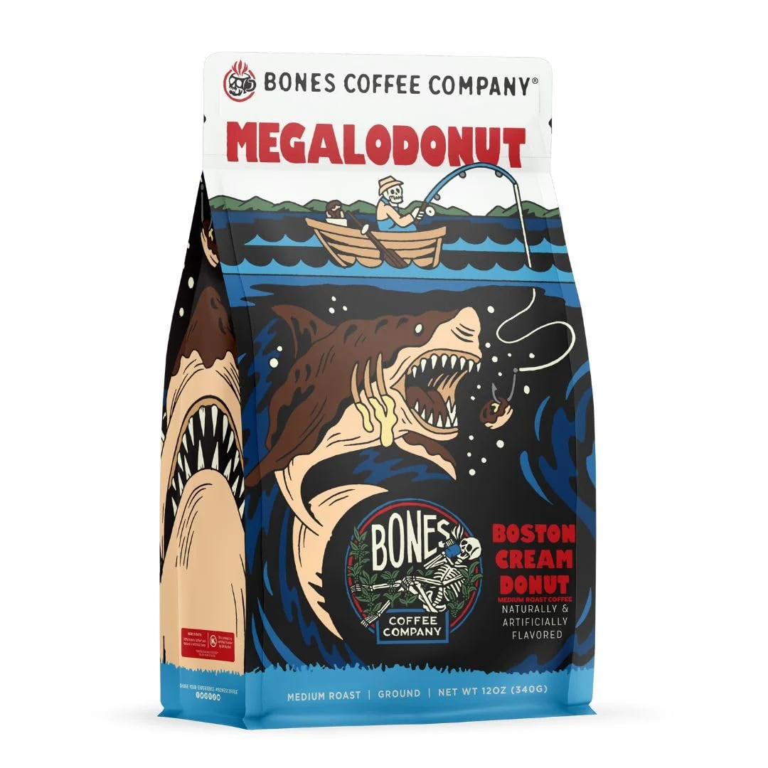 Detailed Bones Coffee Company Megalodonut Boston Cream Donut Flavored Coffee Medium Roast Low Acid Arabica Beans Compatible with Auto drip and French Press Coffee Maker 12 Oz Ground Outstanding