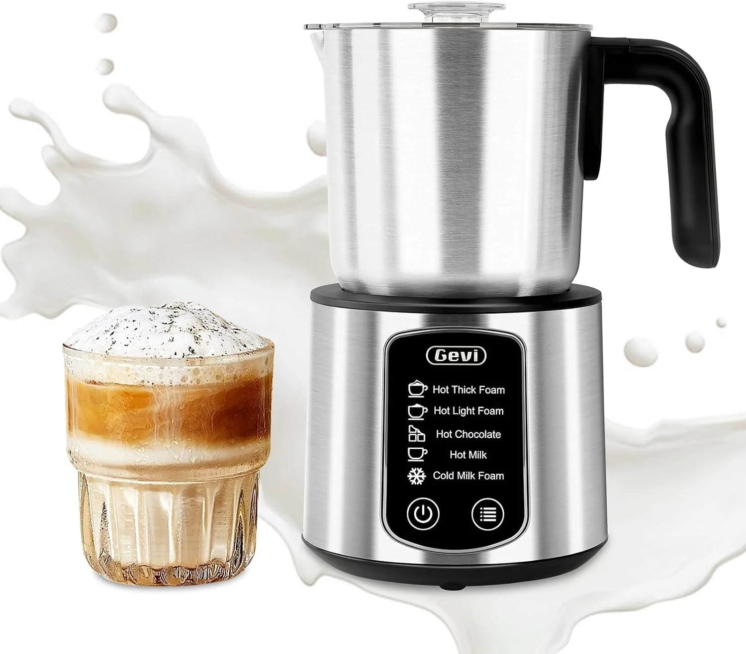 Secure Gevi Milk Frother 5 in 1 Stainless Steel Professional Milk Steamer，Easy to Clean Hot Chocolate Maker for Hot and Cold Milk Frother for Latte Macchiato Cappuccino and Hot Chocolate Smart