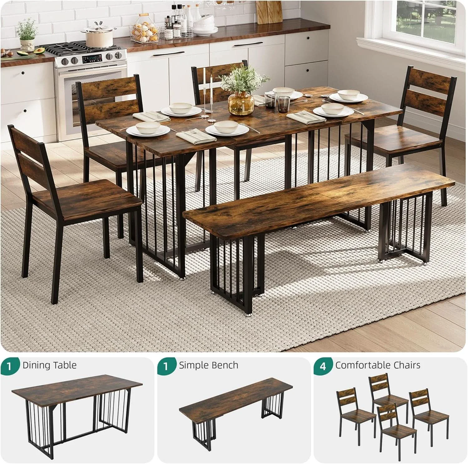 Sophisticated 63 Inches Luxurious Farmhouse Dining Table Set Walnut Pure