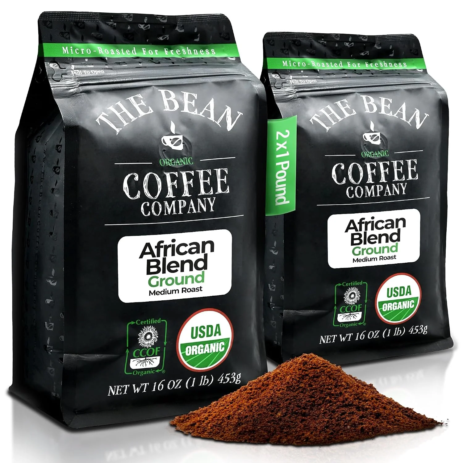 Practical The Bean Organic Coffee Co. African Blend Medium Roast Ground 2 x 1 lb Bright smooth African coffee floral and citrus. Organic ground coffee. Medium Roast. 2 x 1 lb. Eco-Friendly