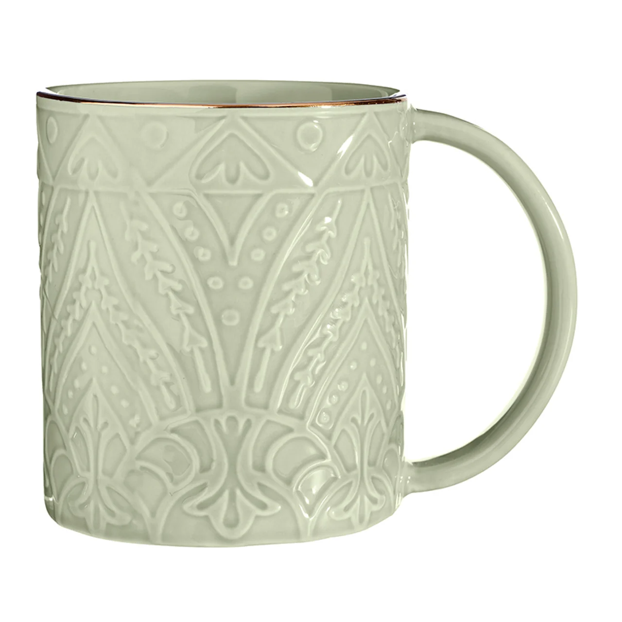 High-Performance Embossed Mug with Wide Handle Sage Mist Gold Rim 16oz Exceptional