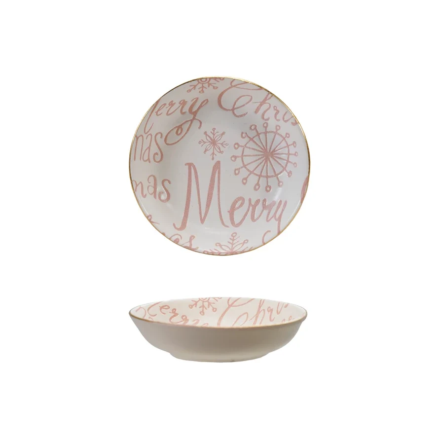 Consistent Merry Christmas Stoneware Dish Pink White Gold Rim Outstanding