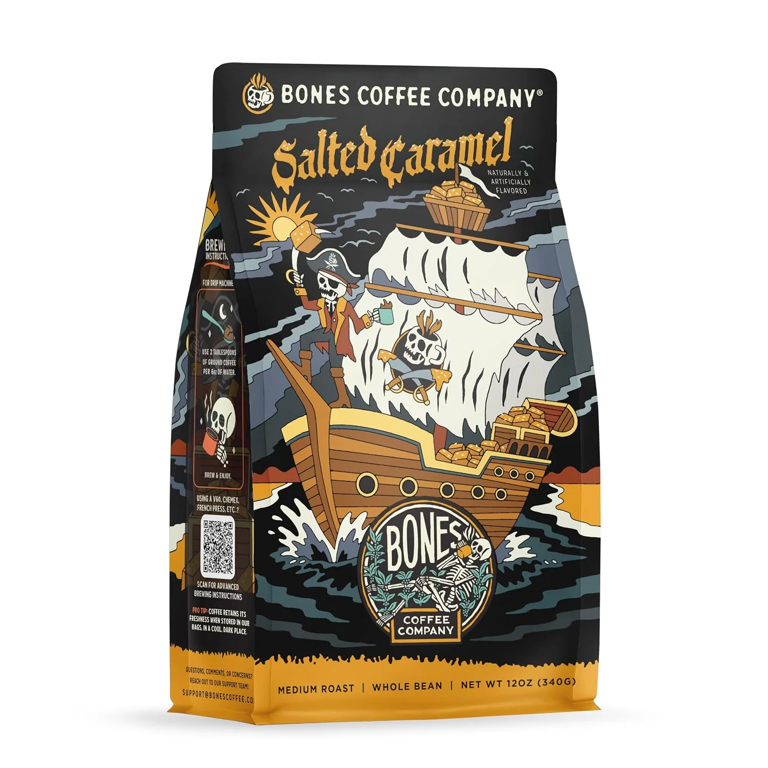 Durable Bones Coffee Company Salted Caramel Flavored Coffee Medium Roast Low Acid Arabica Beans Compatible with Auto drip and French Press Coffee Maker 12 Oz Whole Bean Modern