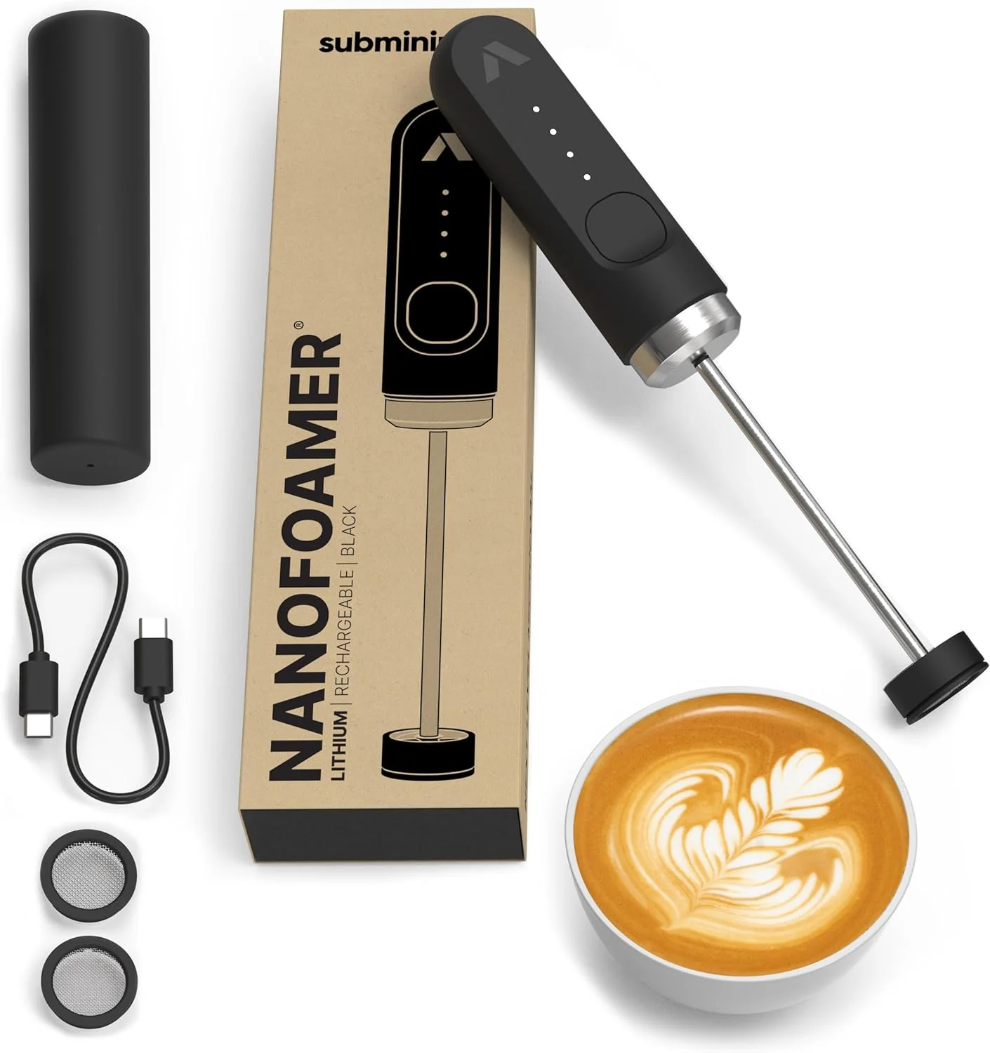 Easy-to-Use Subminimal NanoFoamer Lithium Performance Milk Foamer USB-C Rechargeable IP4 Waterproof Dual-Speed Stainless Steel Professional