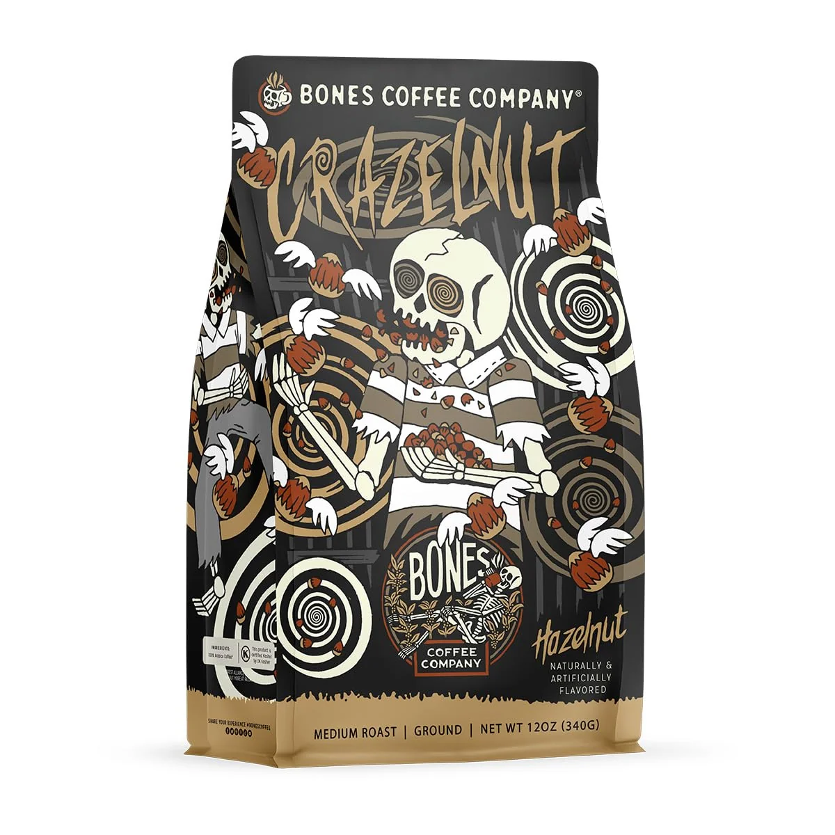 Efficient Bones Coffee Company Crazelnut Hazelnut Flavored Coffee Medium Roast Low Acid Arabica Beans Compatible with Auto drip and French Press Coffee Maker 12 Oz Ground Sustainable
