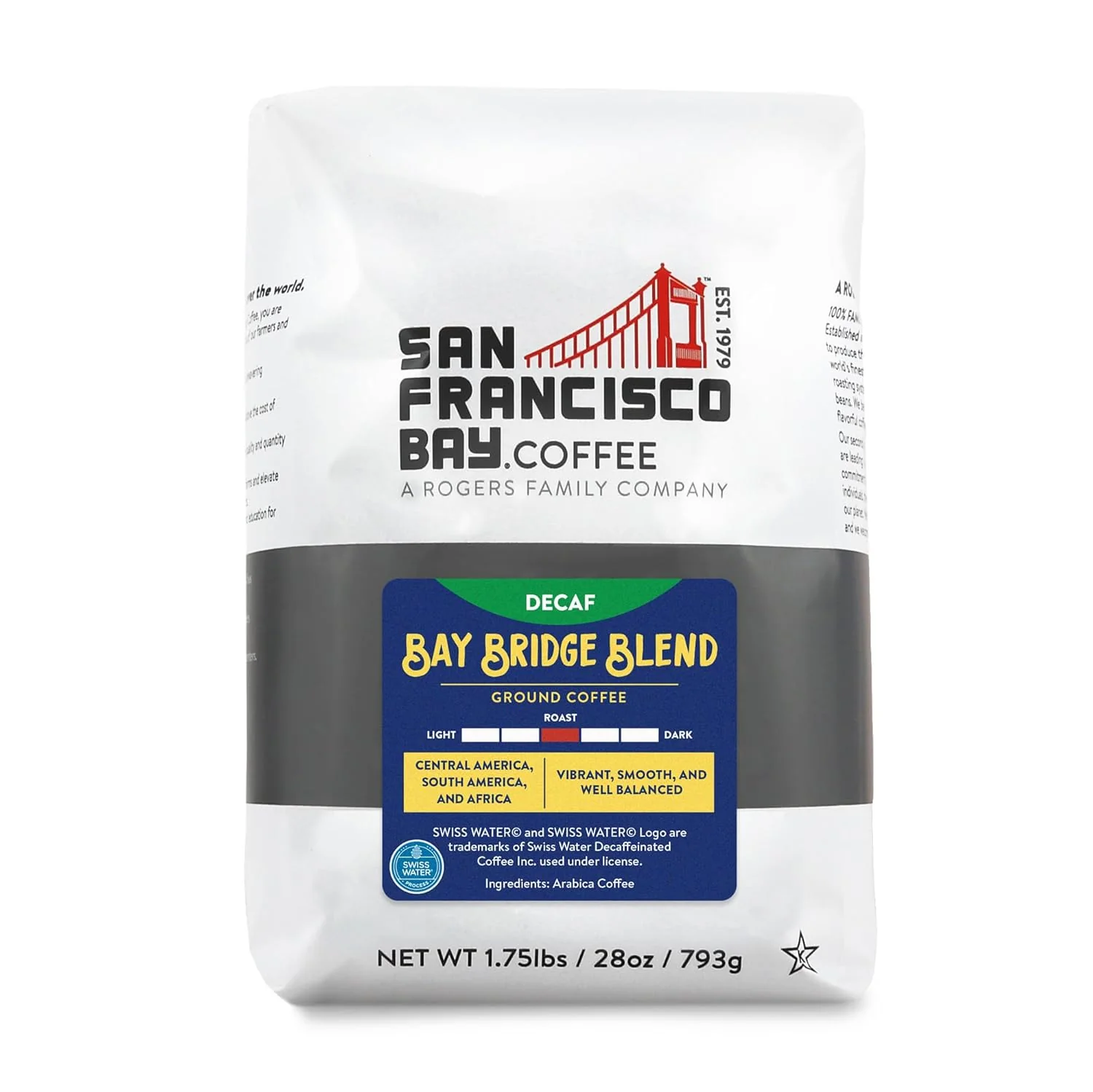 Enhanced San Francisco Bay Ground Coffee – Decaf Bay Bridge Blend 28oz Bag Medium Roast Swiss Water Processed Efficient