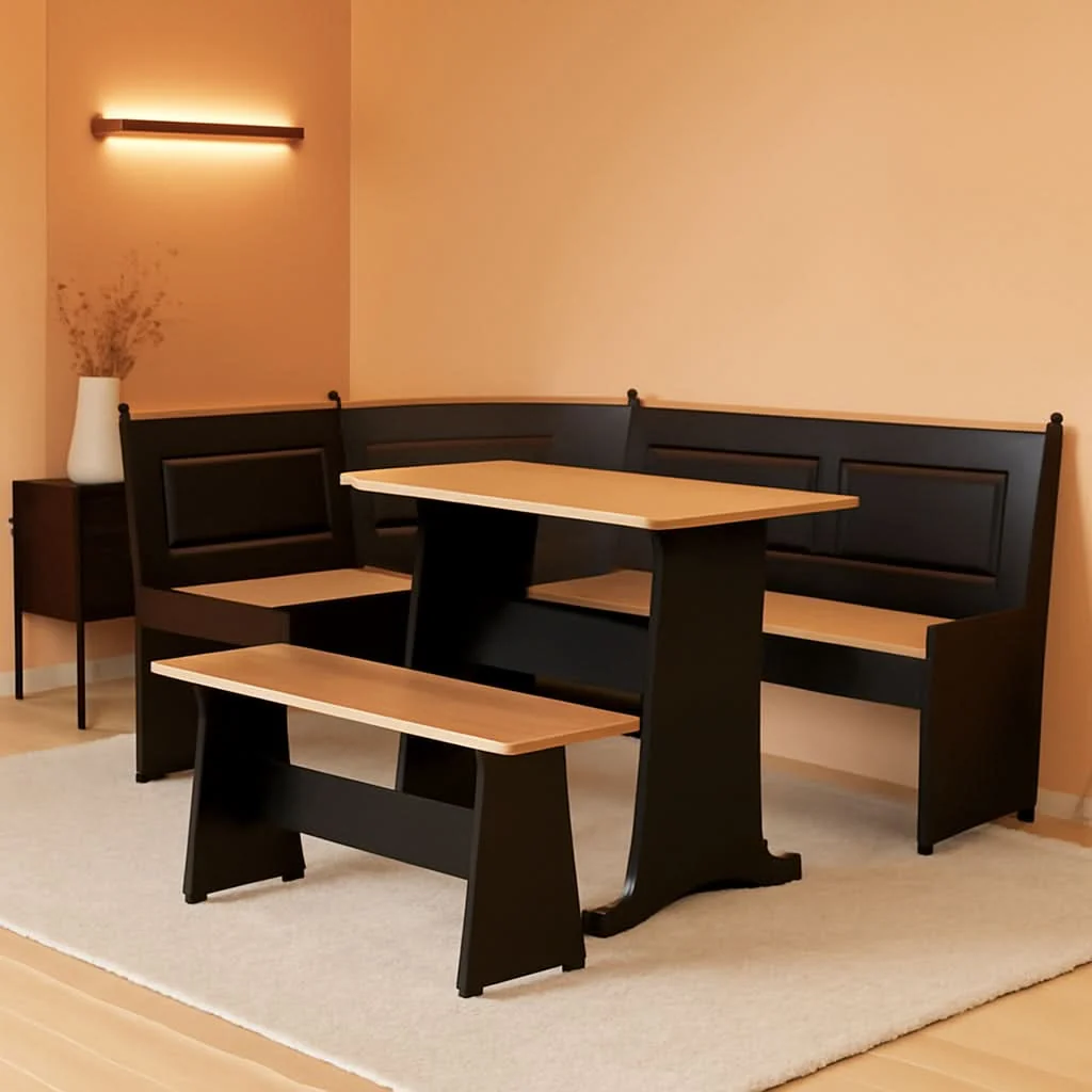 Trendy Black Pecan Five Seat Dining Set With Storage Benches Relaxed