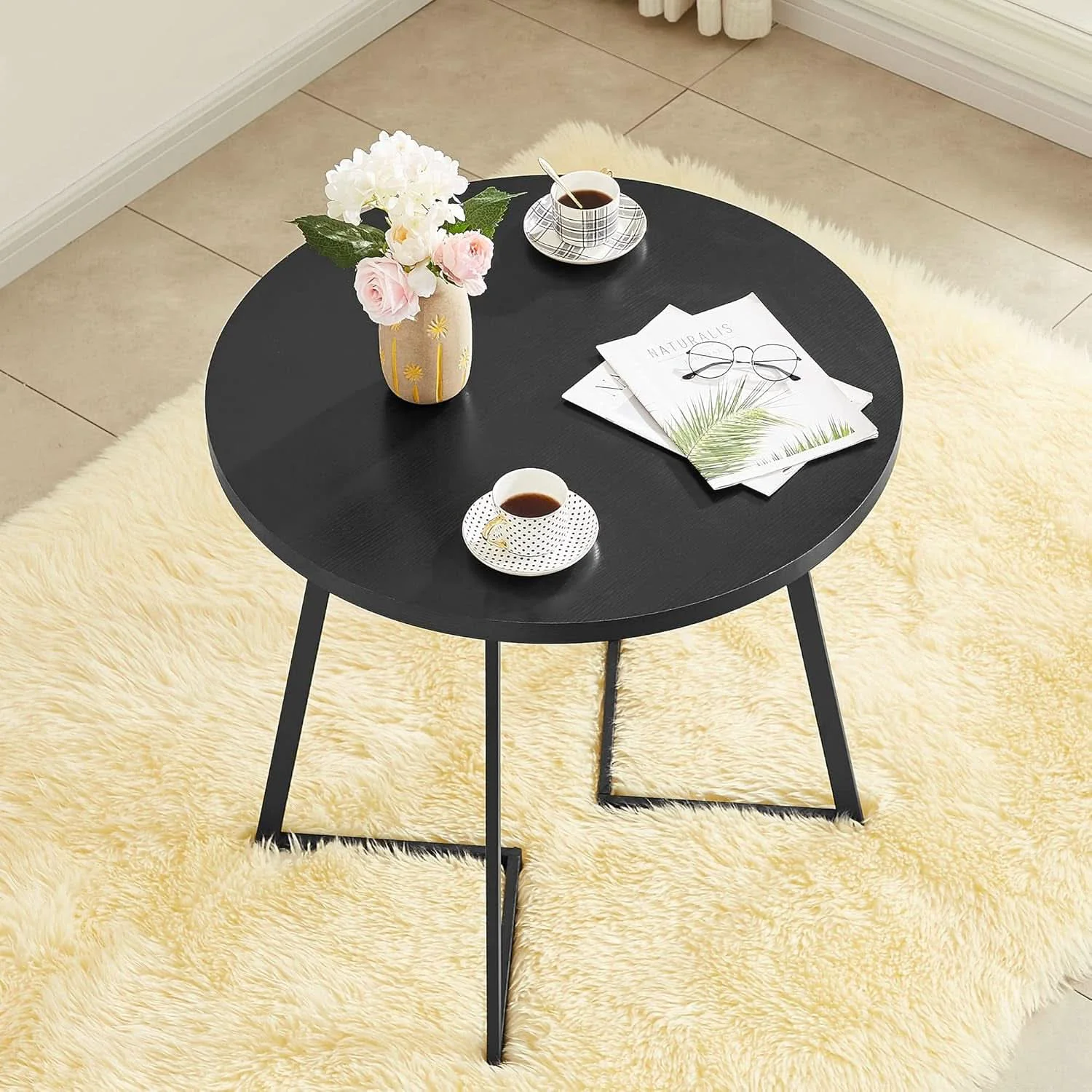 Natural Round Black Woodgrain Top Dining Table With Steel Frame Secure