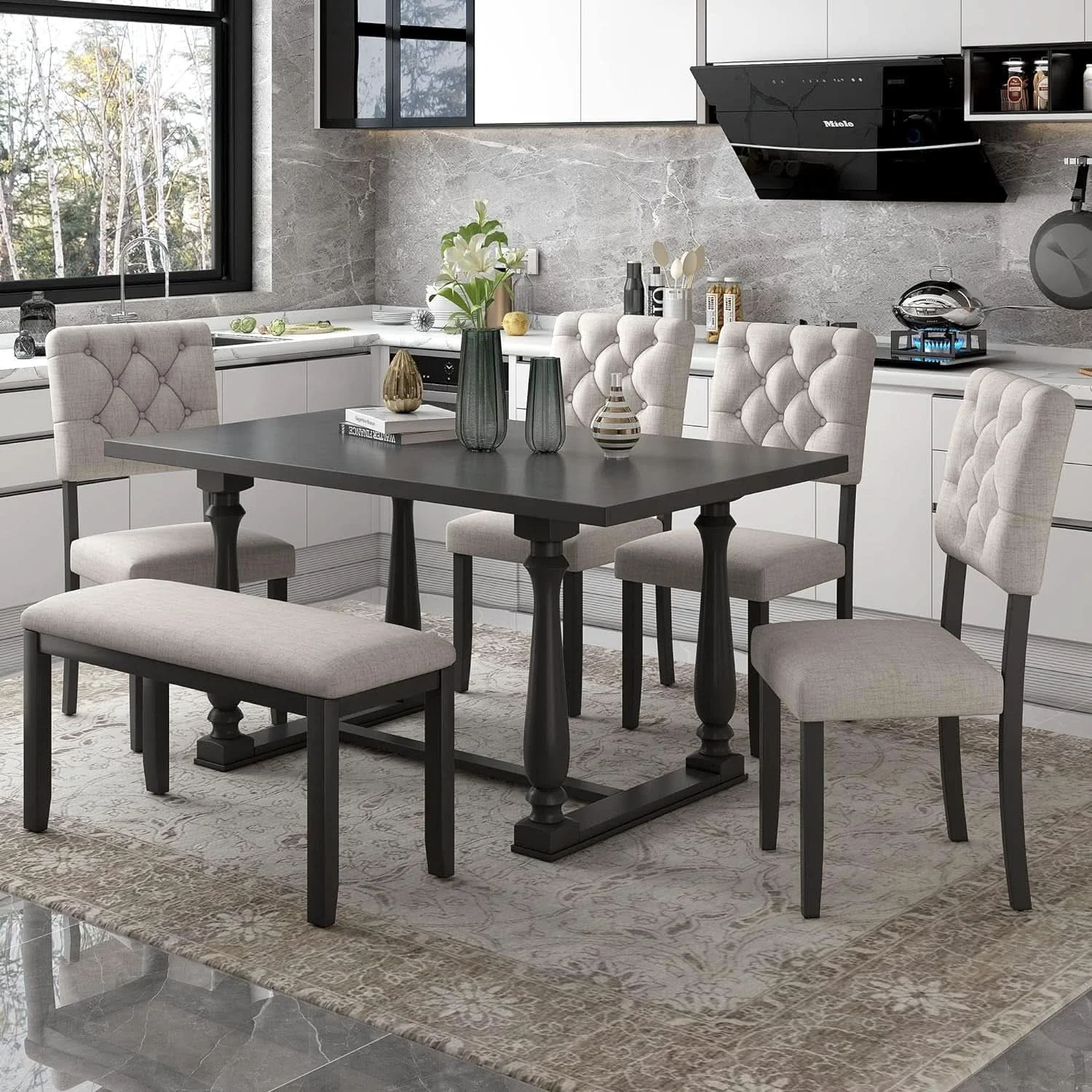 Dependable Six Person Premium Solid Wood Dining Table Set Bench Modern