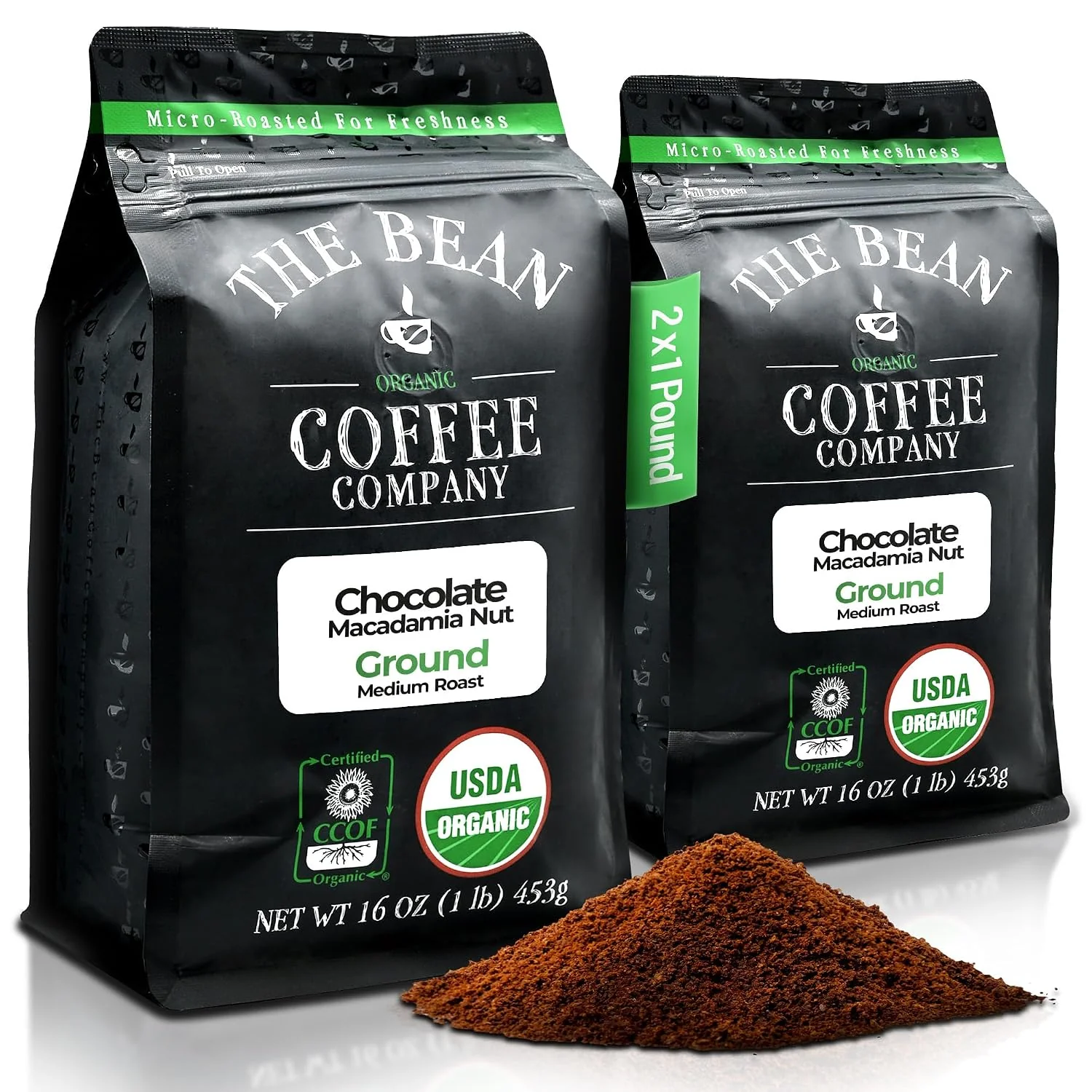 Premium The Bean Organic Coffee Co. Chocolate Macadamia Nut Ground 2 x 1 lb Rich chocolate and buttery macadamia nut. Organic ground coffee. Medium Roast. 2 x 1 lb. Modern