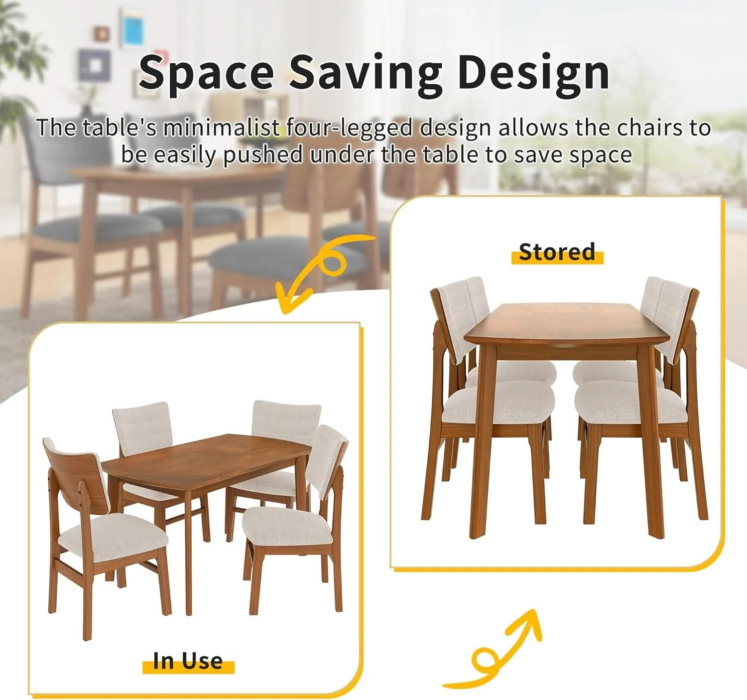 Genuine Brown Beige Space Saving Solid Wood Dining Set Chairs Convenient