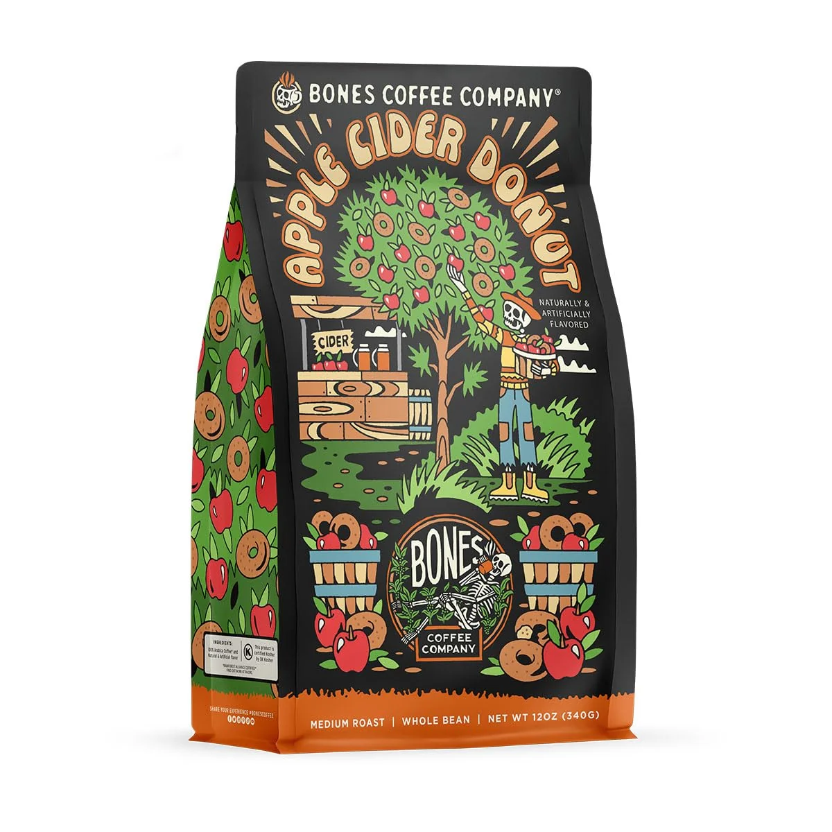 Original Bones Coffee Company Apple Cider Donut Flavored Coffee Medium Roast Low Acid Arabica Beans Compatible with Auto drip and French Press Coffee Maker 12 Oz Ground Convenient